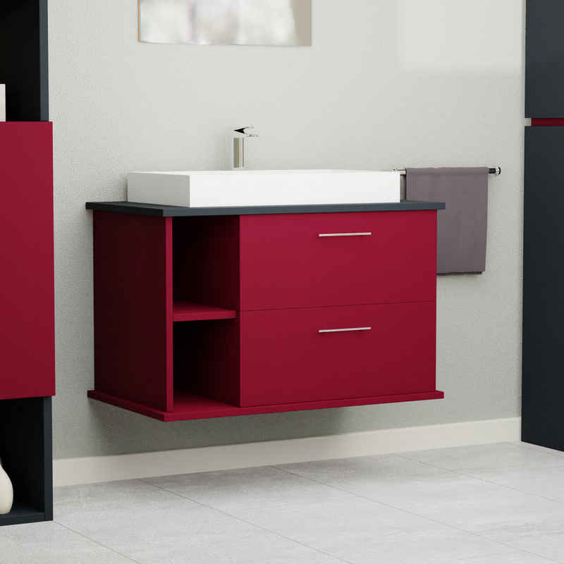 GARLIVO Waschbeckenunterschrank GLA-80L mit Schubladen, Badezimmer Waschtischunterschrank, Rot Breite 80 cm, Soft-Close, Push-to-Open/ Tip-On, Hängend