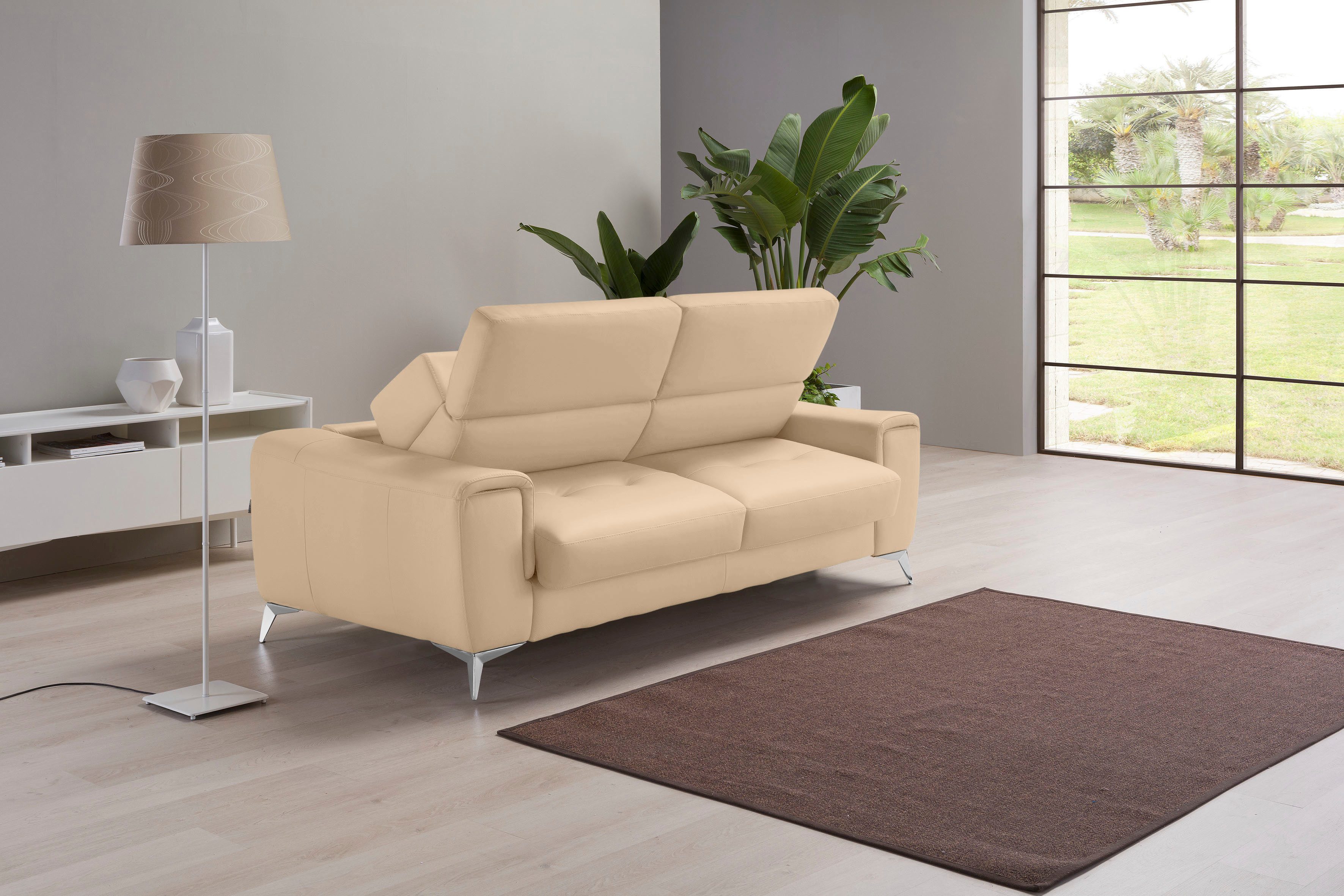 Egoitaliano Schlafsofa Francine Designsofa, Loungesofa mit Dauerschlaffunktion, Breite 233 cm, mit Bettfunktion, Leder BULL, champagner, Fußfarbe chrom