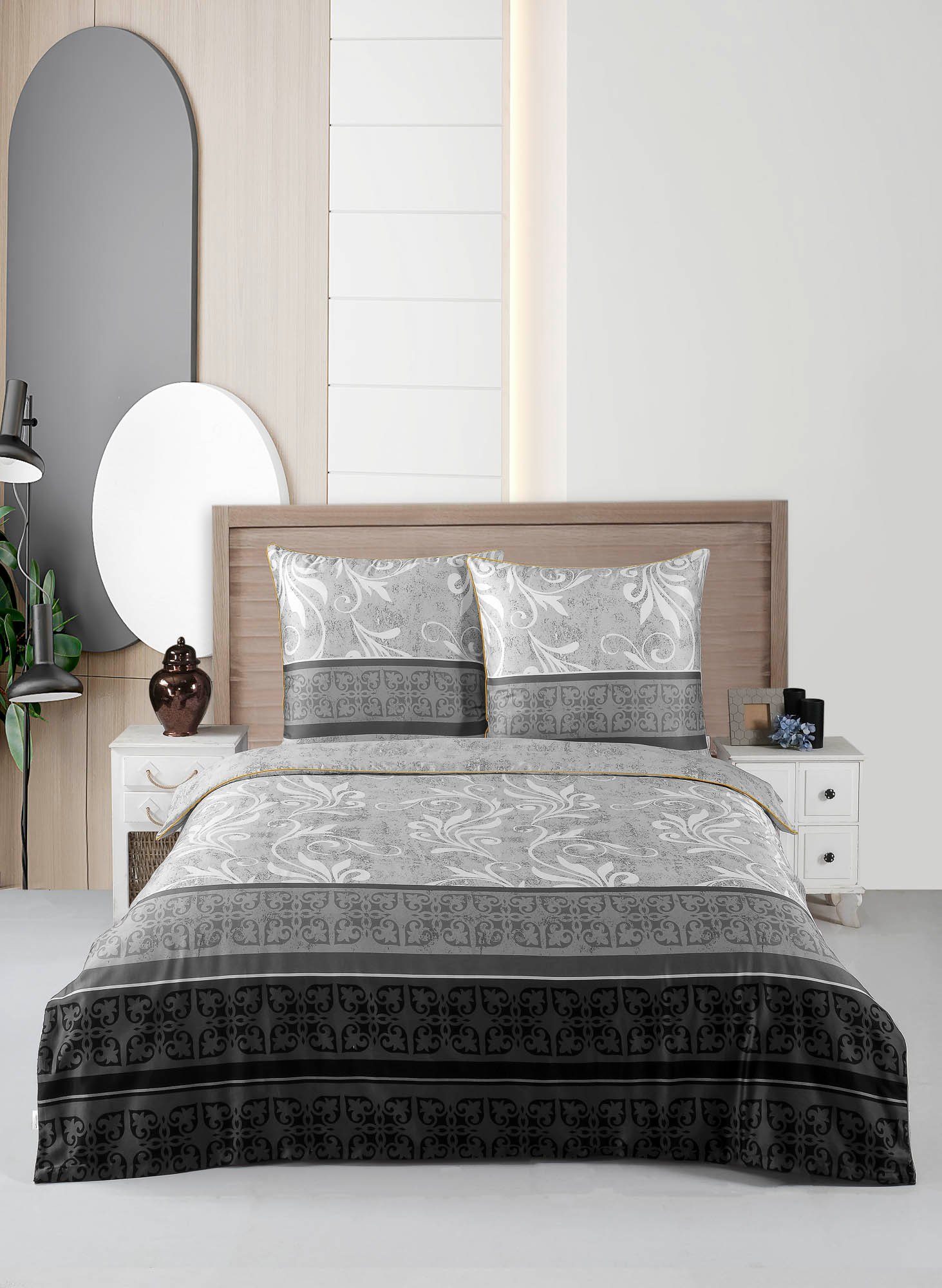 Aymando Bettwäsche Vena-Grey, 100% Baumwolle Mako Satin, 3 teilig, Saum und günstig online kaufen