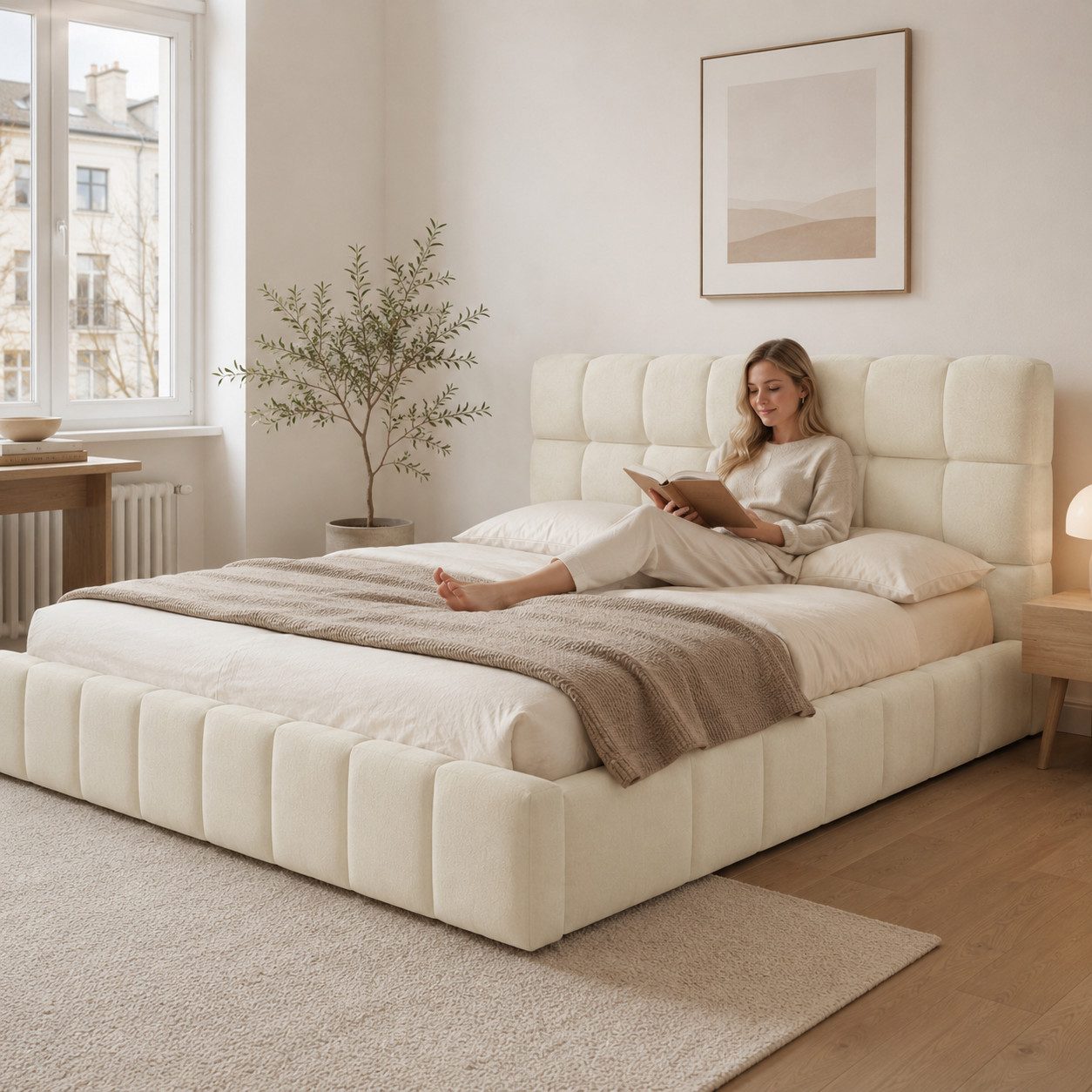 Simurq Polsterbett Jugendbett 140x200 cm mit Lattenrost, Bubble Bett Bettgestell, Leinen (Flachbett, Ohne Matratze,Leinenstoff, Cloud Bett/Marshmallow Bed,Doppelbett 140x200 mit Rückenlehne Kopfteil)