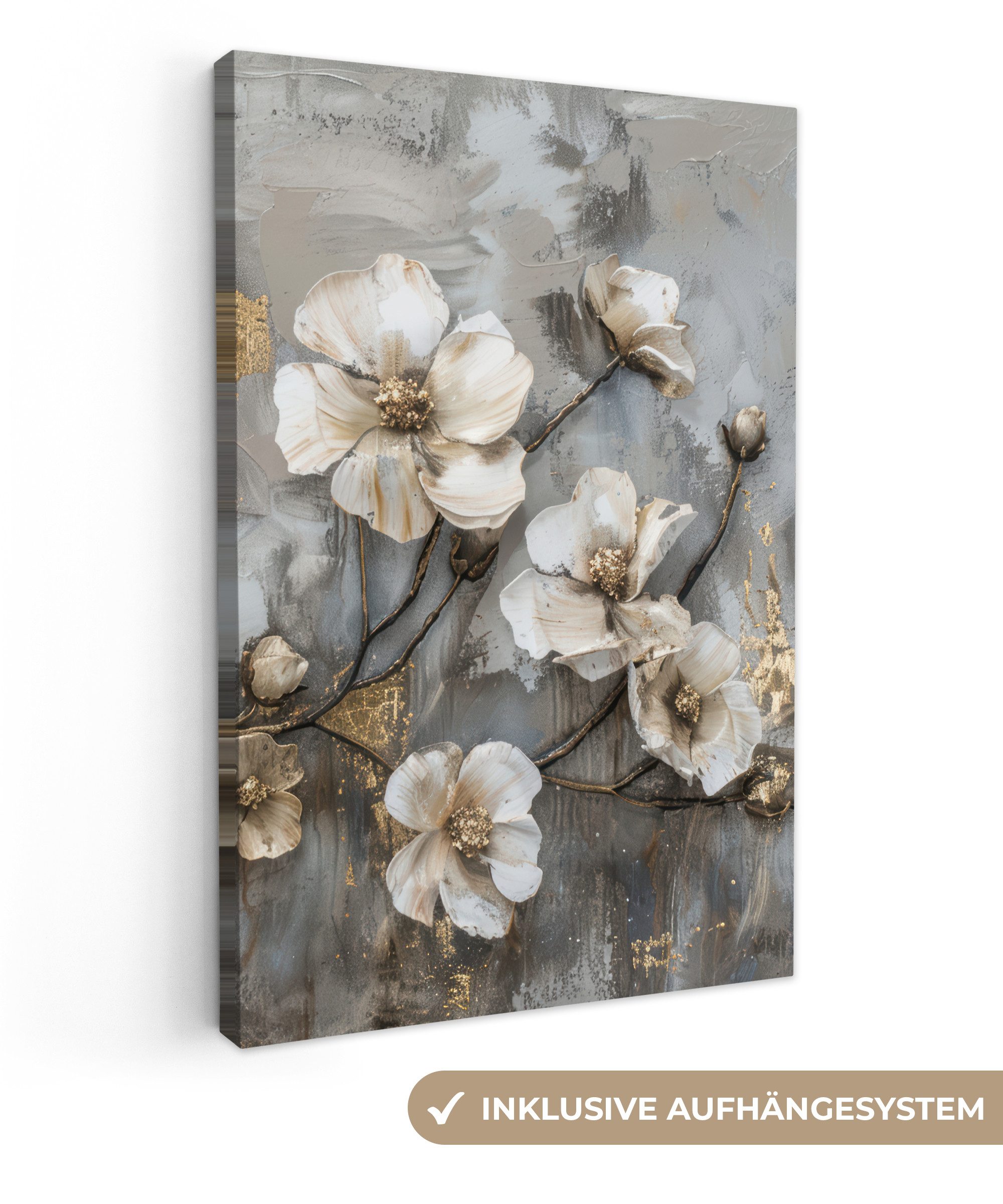 OneMillionCanvasses® Leinwandbild Blumen - Weiß - Grau - Gold - Luxus, Fotodruck (1 St), Leinwand Canvas Wandbild, Wanddekoration 20x30 cm