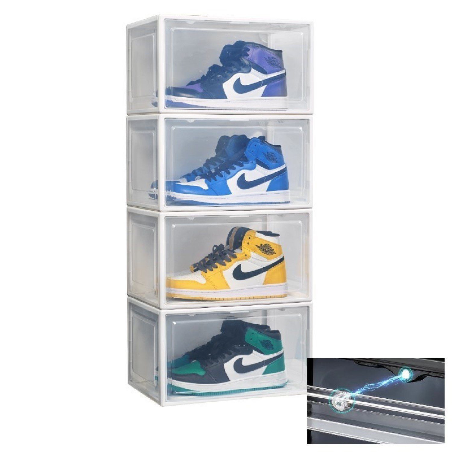 Creliv Schuhbox mit Magnettür – Stapelbare Sneaker Aufbewahrung bis Gr. 48 (4 St)