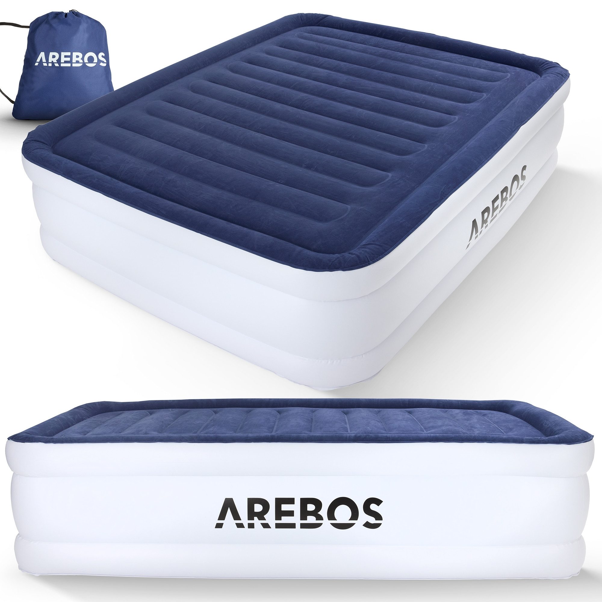 Arebos Luftbett mit integrierter Pumpe Luftmatratze selbstaufblasend Gästebett, (Blau / Weiß), 203 x 152,5 x 51 cm