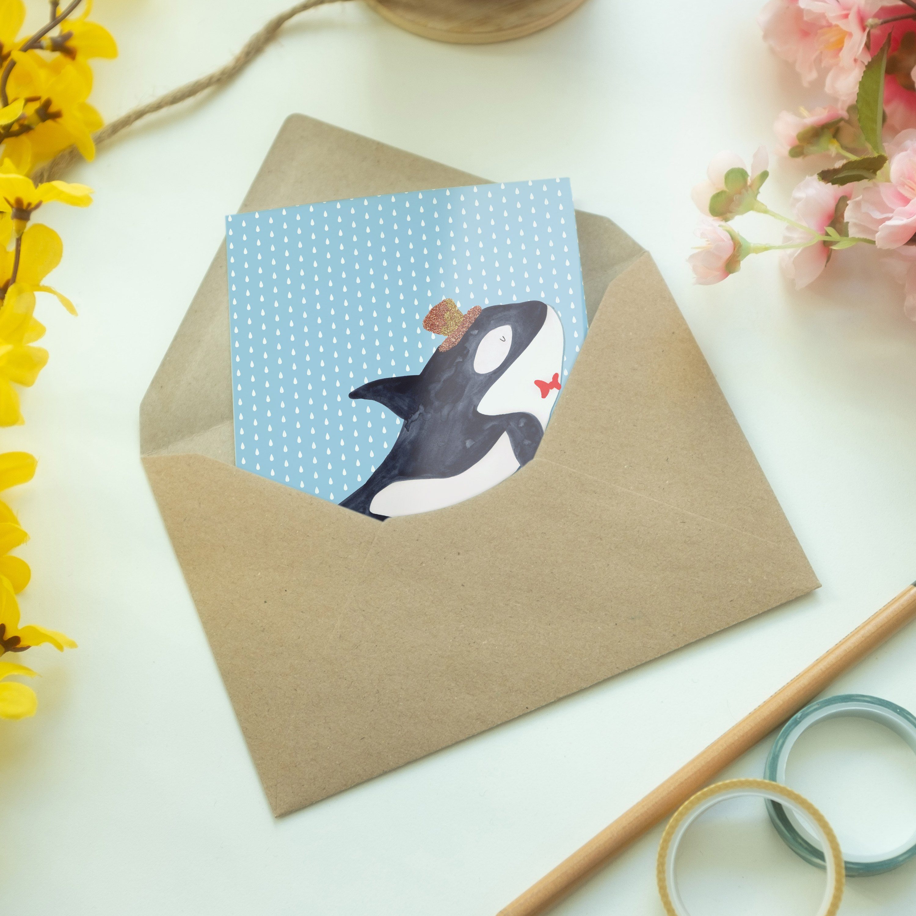 Mr. & Mrs. Panda Blau Zylinder Orca Geschenk, - Grußkarte Meerestiere, Gl - Pastell Karte, Meer