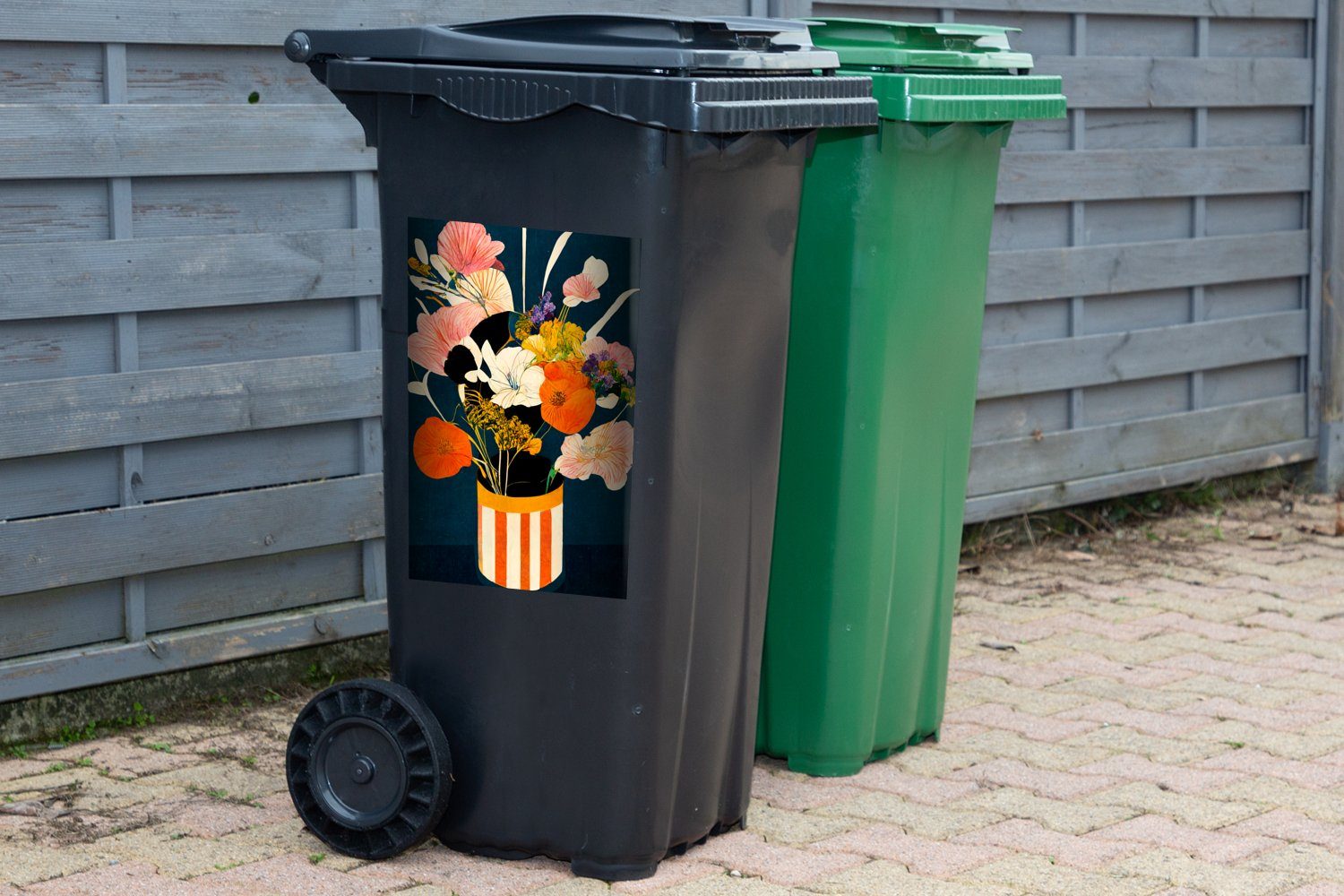 MuchoWow Wandsticker Blumen Sticker, Mülleimer-aufkleber, Pflanzen (1 Container, - - Mülltonne, - Vase Abfalbehälter Malerei St)