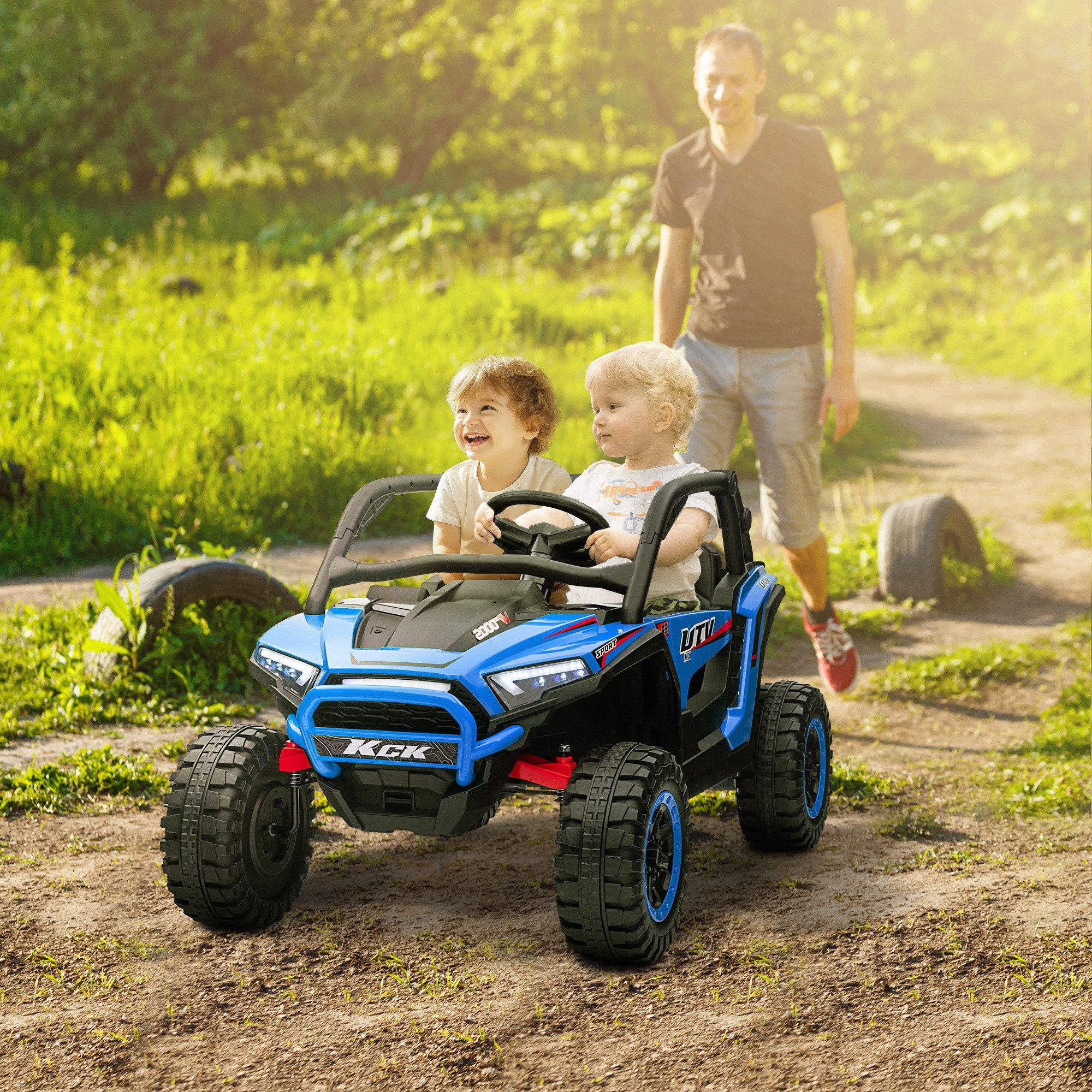 AIYAPLAY Elektro-Kinderauto mit Musikanschluss, 2,4G Fernbedienung, Scheinwerfer, Hupe, 5-7 km/h, Belastbarkeit 50 kg, (1-tlg), für Kinder 3-8 Jahre, Blau