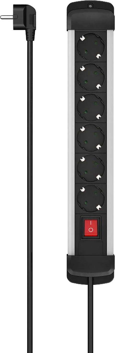 Hama Steckdosenleiste 6 fach mit Schalter zum Anschrauben, Wandmontage Steckdosenleiste 6-fach (Ein- / Ausschalter, Schalterbeleuchtung, Schutzkontaktkupplung, Kabellänge 3 m), Mehrfachsteckdose, 3 m, Aluminium, schwarz silber