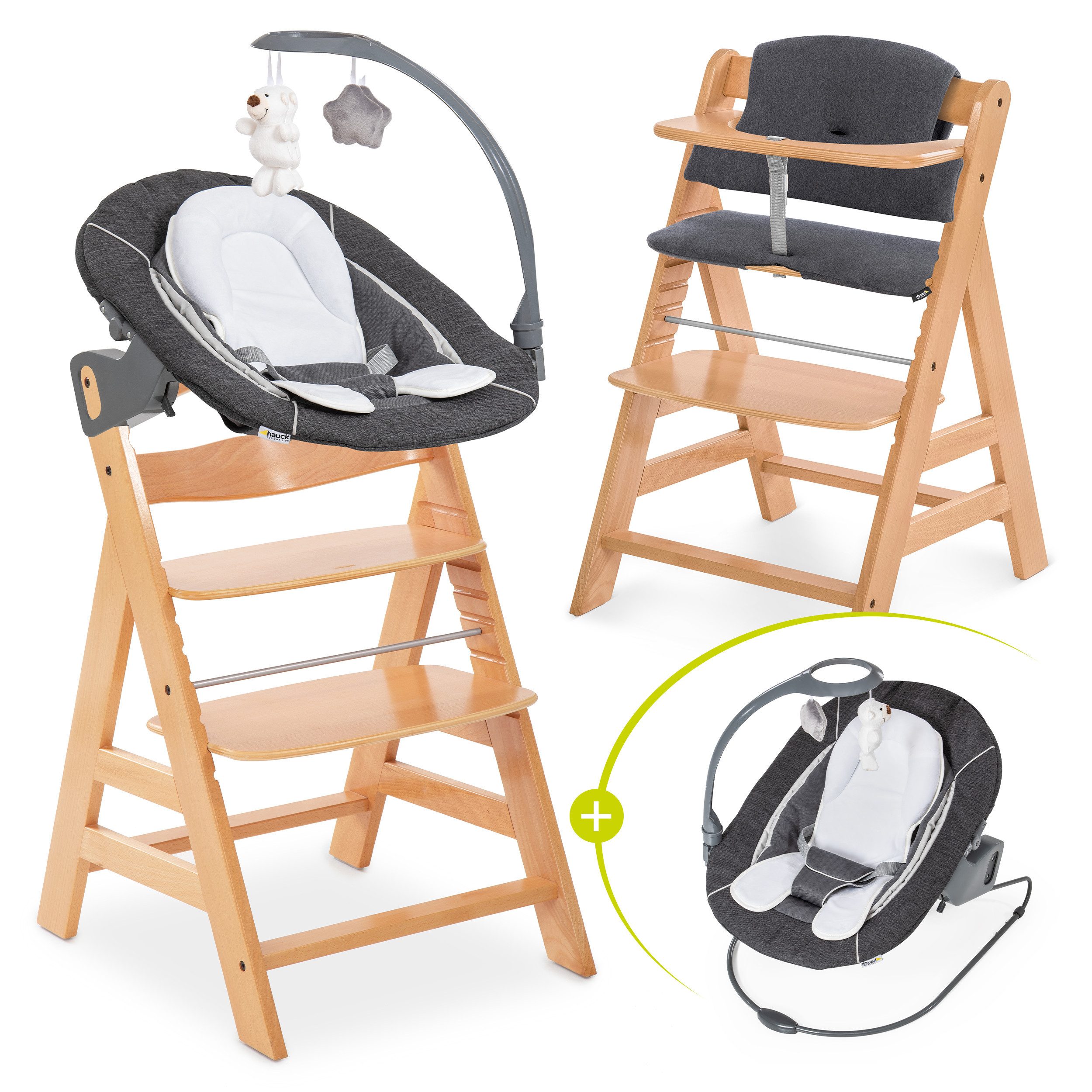 Hauck Hochstuhl Alpha Plus Newborn Set Deluxe - Natur, Holz Babyhochstuhl ab Geburt inkl. Neugeborenen Aufsatz & Sitzauflage