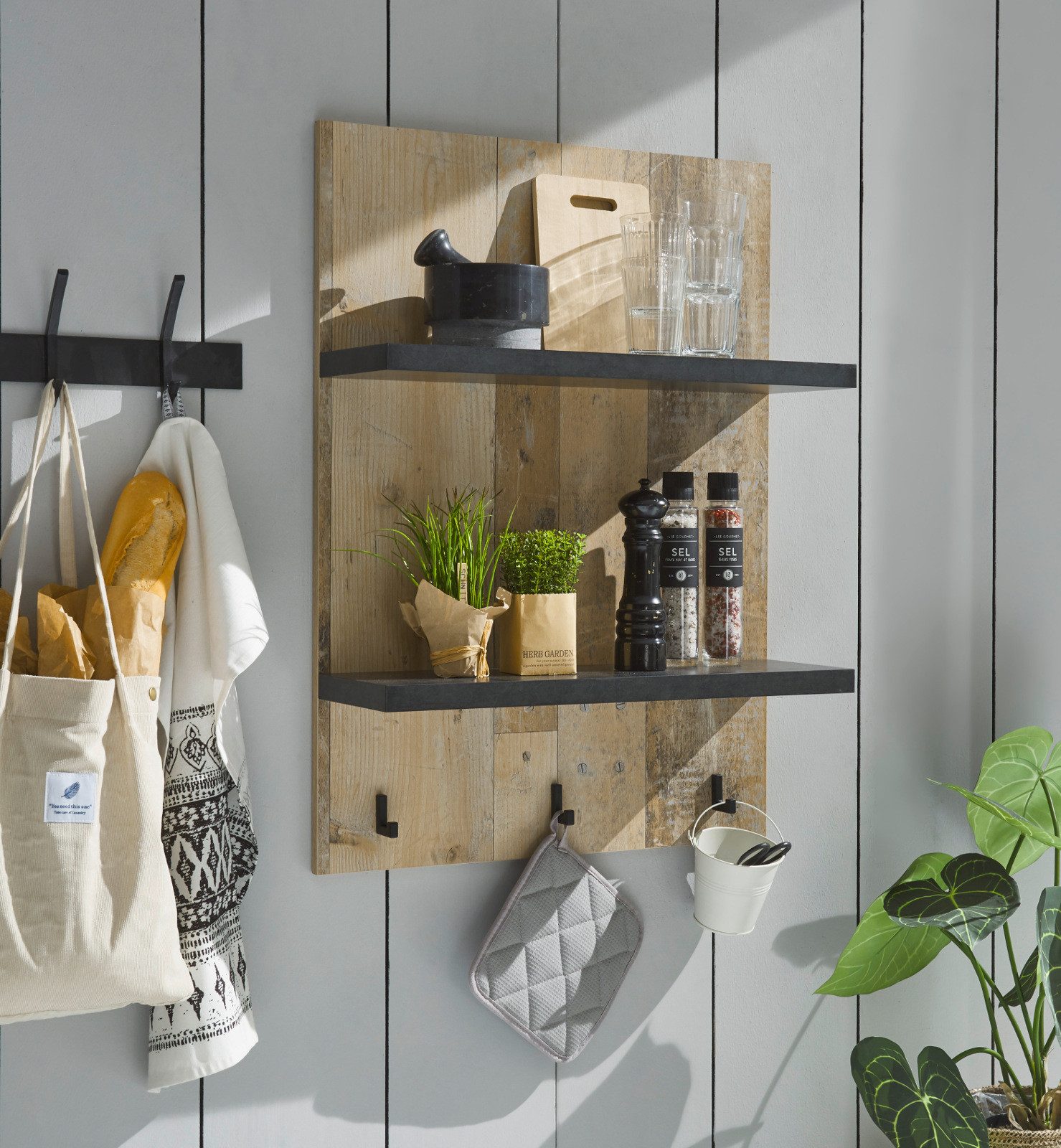 Furn.Design Küchenregal Stove, Wandregal in Used Wood, mit Ablagen und Hake günstig online kaufen