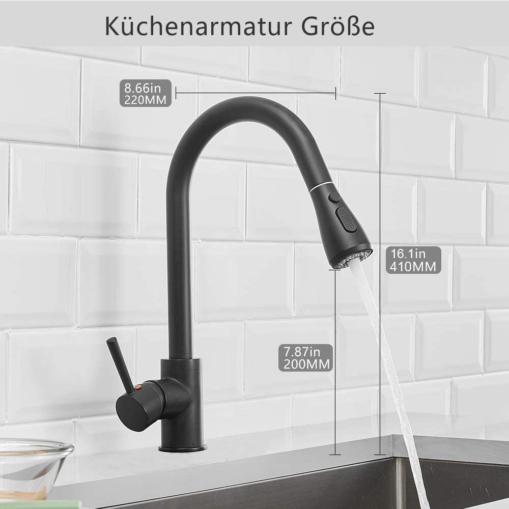 XERSEK Küchenarmatur Wasserhahn Küche für Brause Ausziehbare mit Hochdruckhahn Mischbatterien Schwarz 360° Küche Wasserhahn Schwenkbar Küchenarmatur