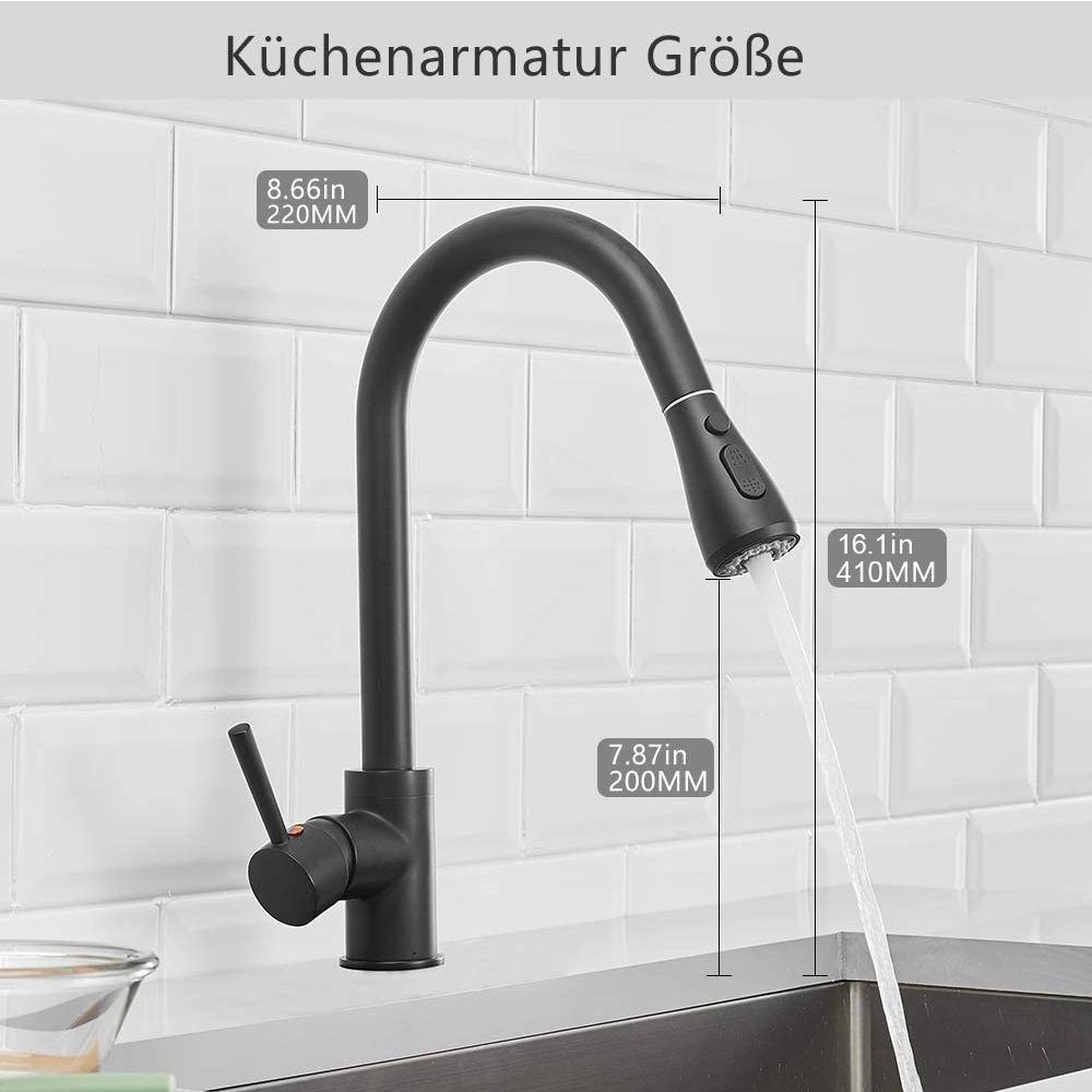 Küchenarmatur Küche für mit XERSEK Schwarz Wasserhahn Küchenarmatur Schwenkbar 360° Wasserhahn Mischbatterien Brause Ausziehbare Hochdruckhahn Küche