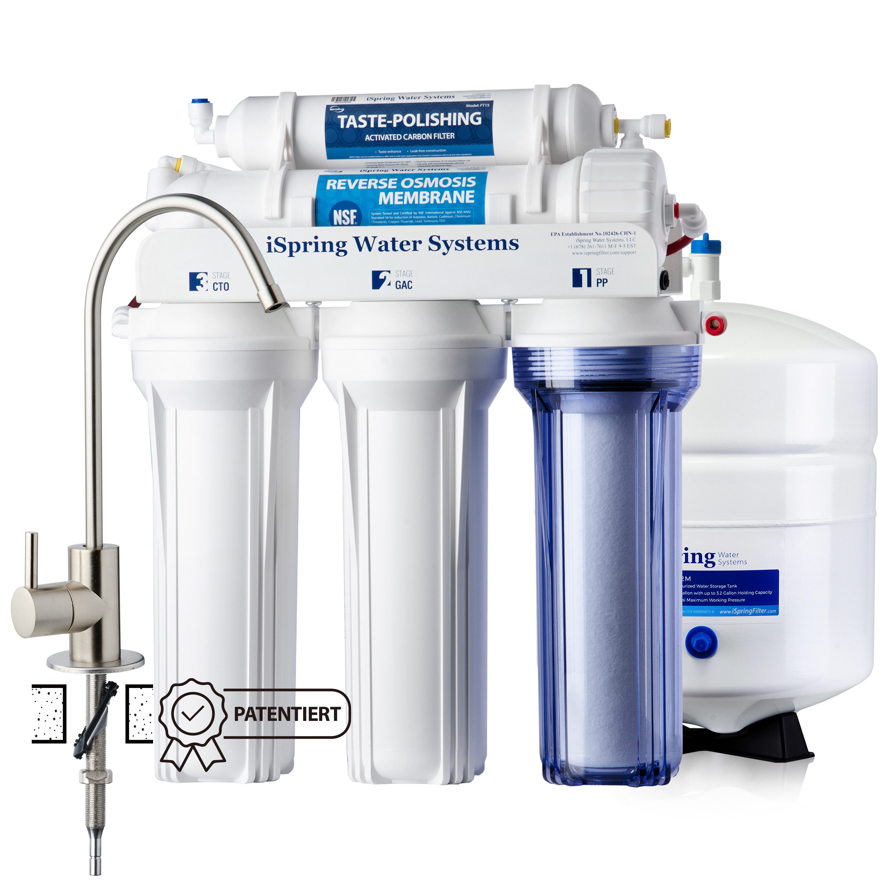 iSpring Wasserfilter RCC7, 5-stufig, 75 GPD (284 L/Tag), zertifiziert, Edelstahl-Armatur