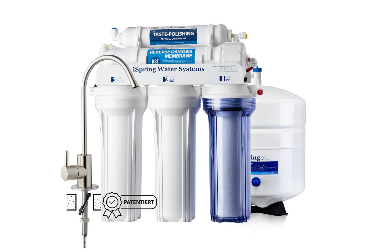 iSpring Wasserfilter RCC7, 5-stufig, 75 GPD (284 L/Tag), Edelstahl-Armatur