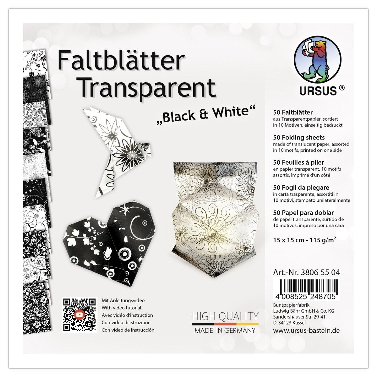 Ursus - Ludwig Bähr Transparentpapier URSUS Faltblätter Black & white transparent 15x15cm