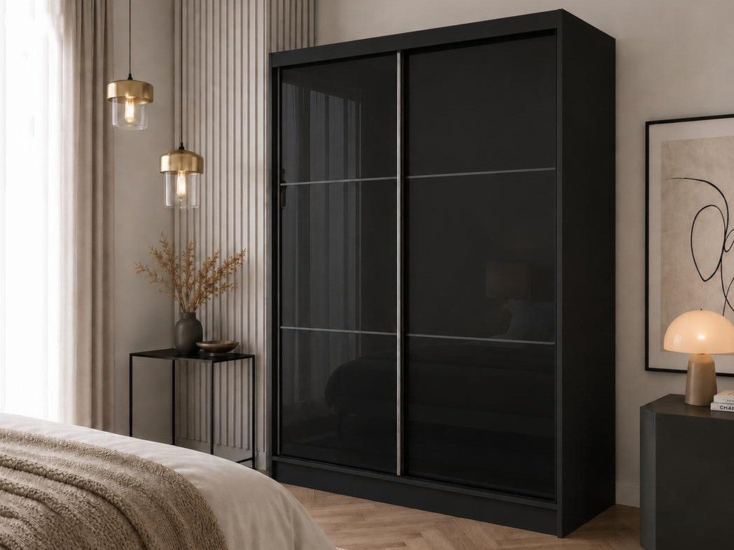 Beautysofa Schwebetürenschrank Viva mit Lacobel-Glas (4 Farben: Weiß, Grau, Schwarz und Kaschmir, mit oder ohne Schubladeneinsätze) Moderner Kleiderschrank