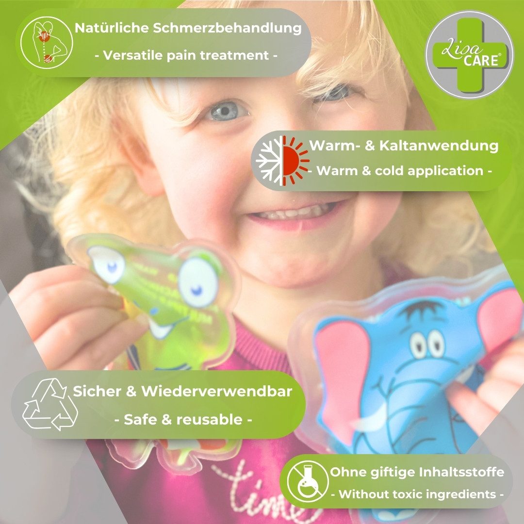 LisaCare Kalt-Warm-Kompresse Kühlpads Kinder - Kinder Kompressen - Warmkompresse/Kaltkompresse, Kinder Set 3-tlg., Frosch, Drache & Elefant, Sofortige Wirkung!