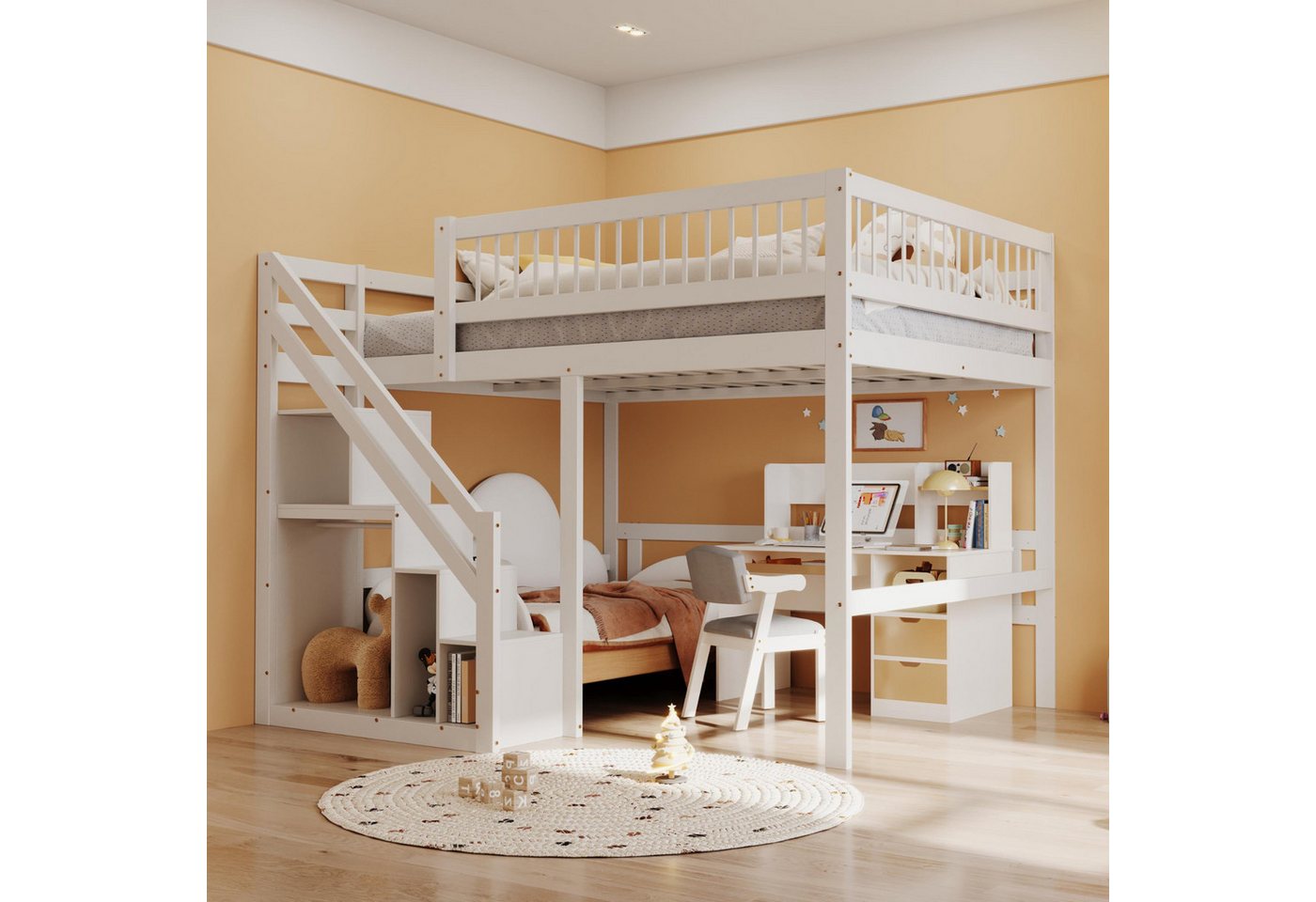 Merax Hochbett (Jugendbett mit Rausfallschutz und Lattenrost, 1-St) Etagenbett 140x200cm mit Treppe und Stauraum, Kiefernholz Kinderbett