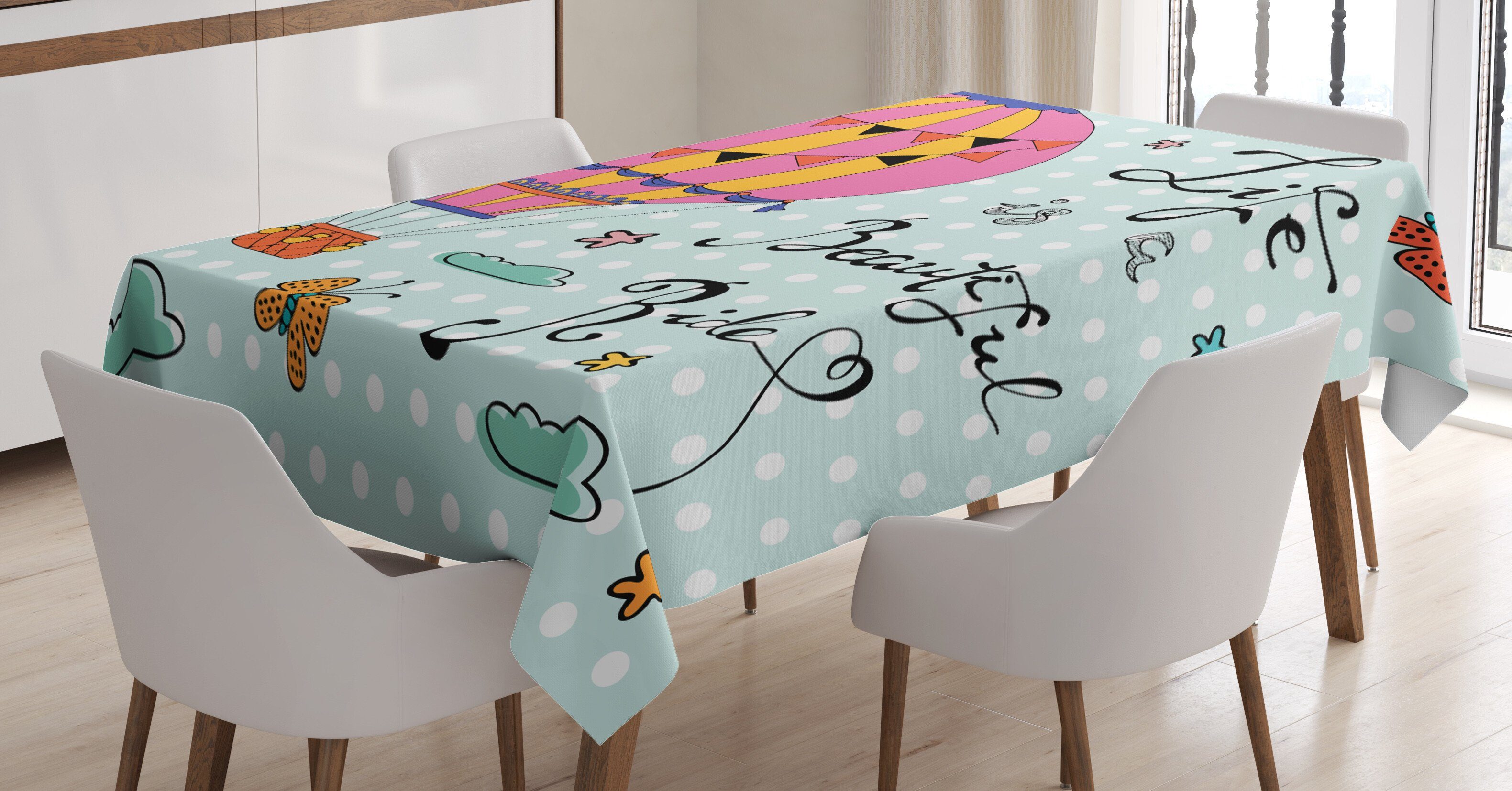 Abakuhaus Tischdecke Farbfest Waschbar Für den Außen Bereich geeignet Klare Farben, Zitat Luftballon-Tupfen Text | Tischdecken