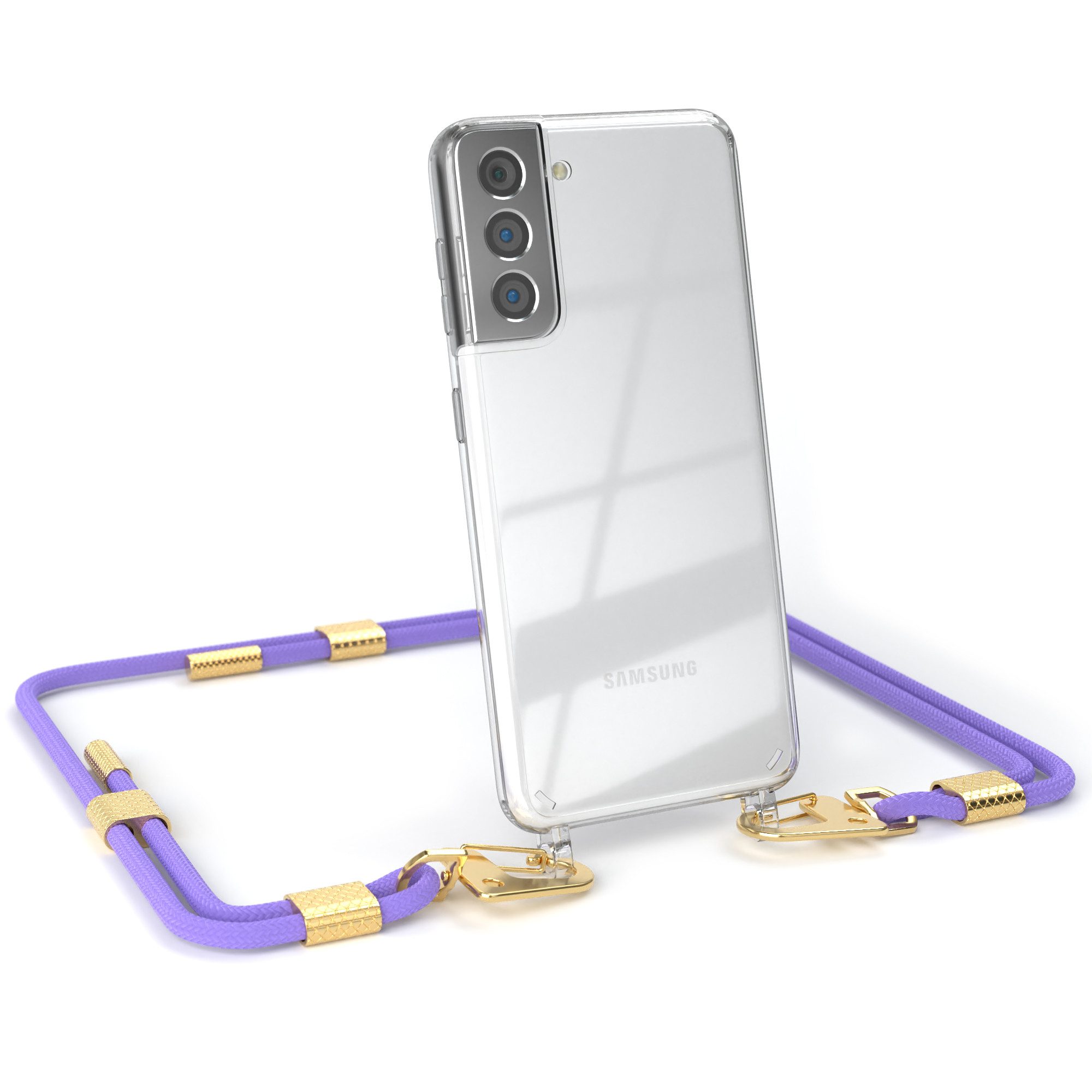 EAZY CASE Handykette Silikonhülle mit Kette für Samsung Galaxy S21 5G 6,2 Zoll, Smartphonekette Cover Silikonhülle Umhängetasche Flieder Lila Gold