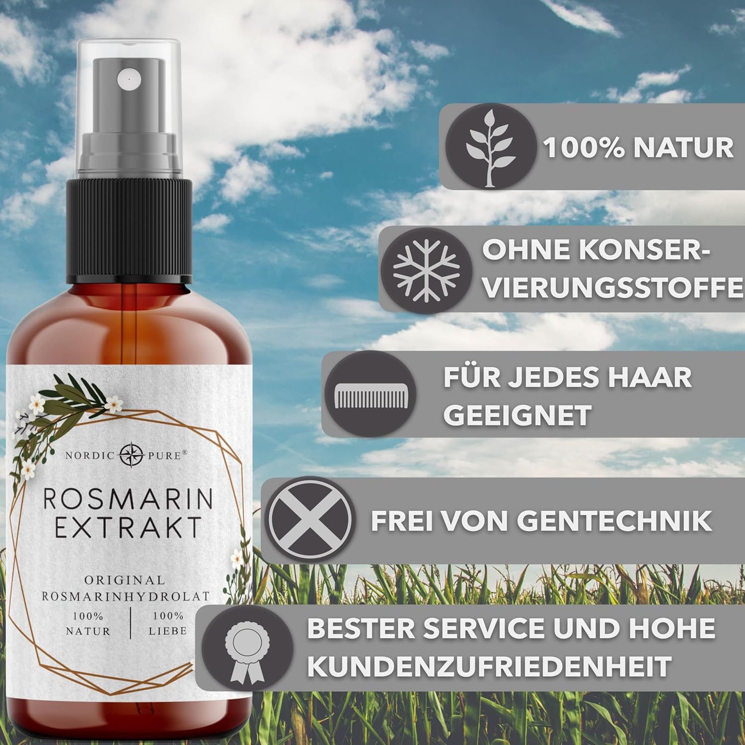 Nordic Pure® Haarserum Nordic Pure Rosmarinextrakt, 100ml - Ölfrei für ein geklärtes Hautbild und ein frisches Gefühl ohne fettenden Film