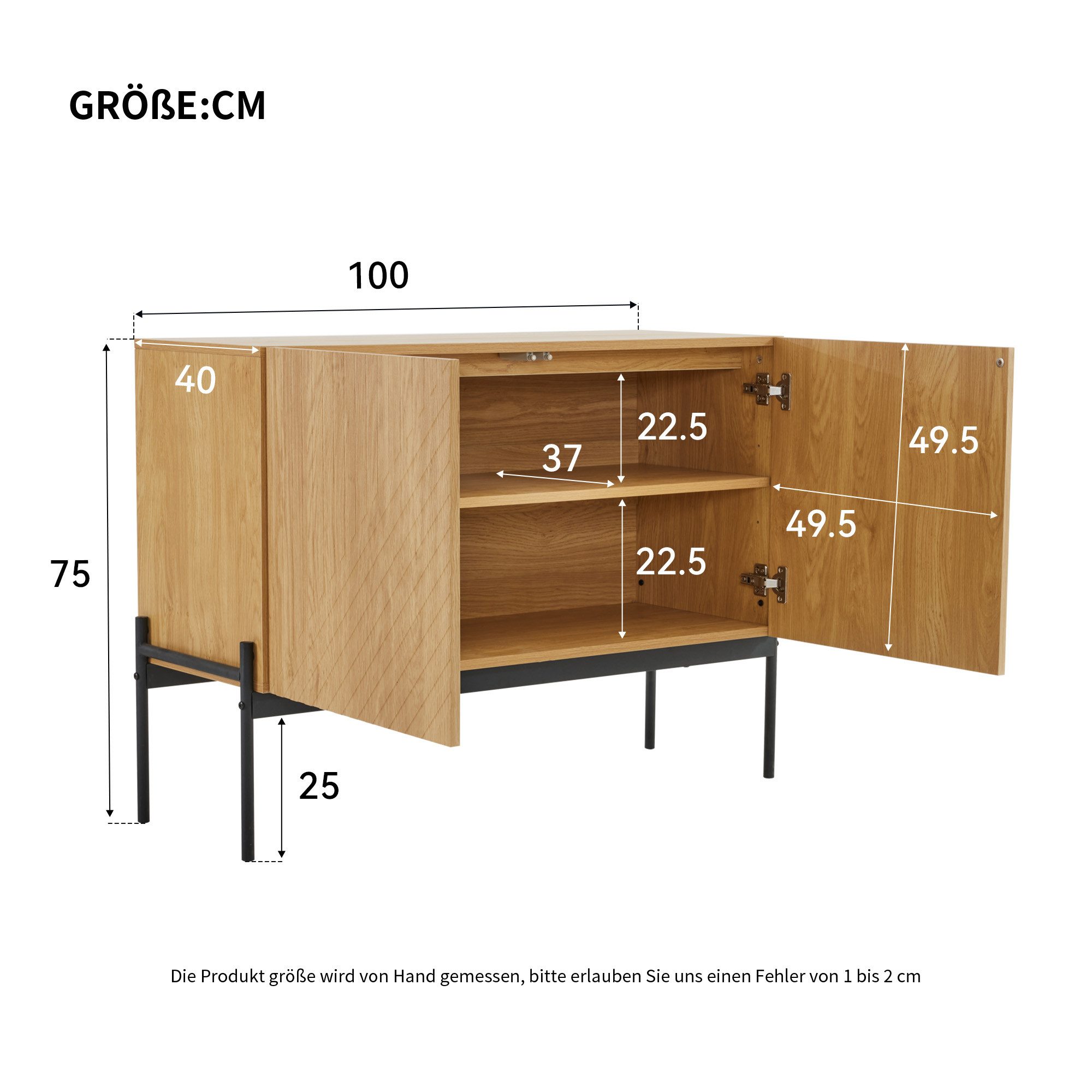 Flieks Sideboard mit 2 Türen und Metallbeinen (1 St., H75/B100/ T40 cm), Kommode Linien-Design Wohnzimmerschrank Holzoptik – Bild 4 von 5