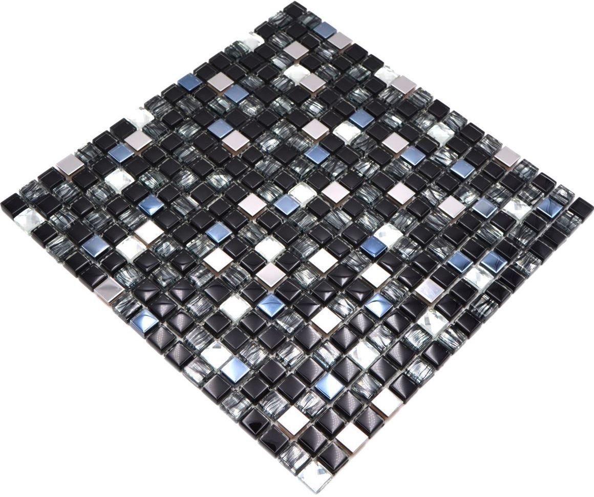 glänzend Matten / Mosani schwarz 10 Mosaikfliesen Glasmosaik Edelstahl Mosaik