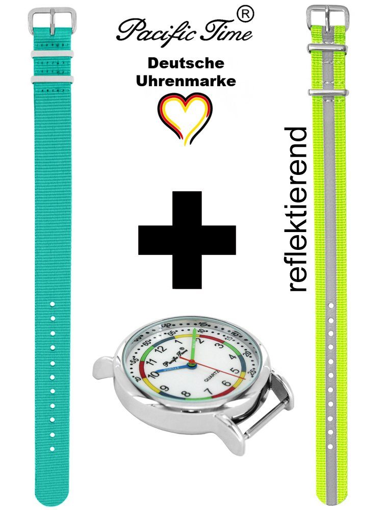 Time Pacific türkis Reflektor Armbanduhr und Mix Wechselarmband, Match Kinder Quarzuhr und - Set Design Lernuhr First Versand gelb Gratis