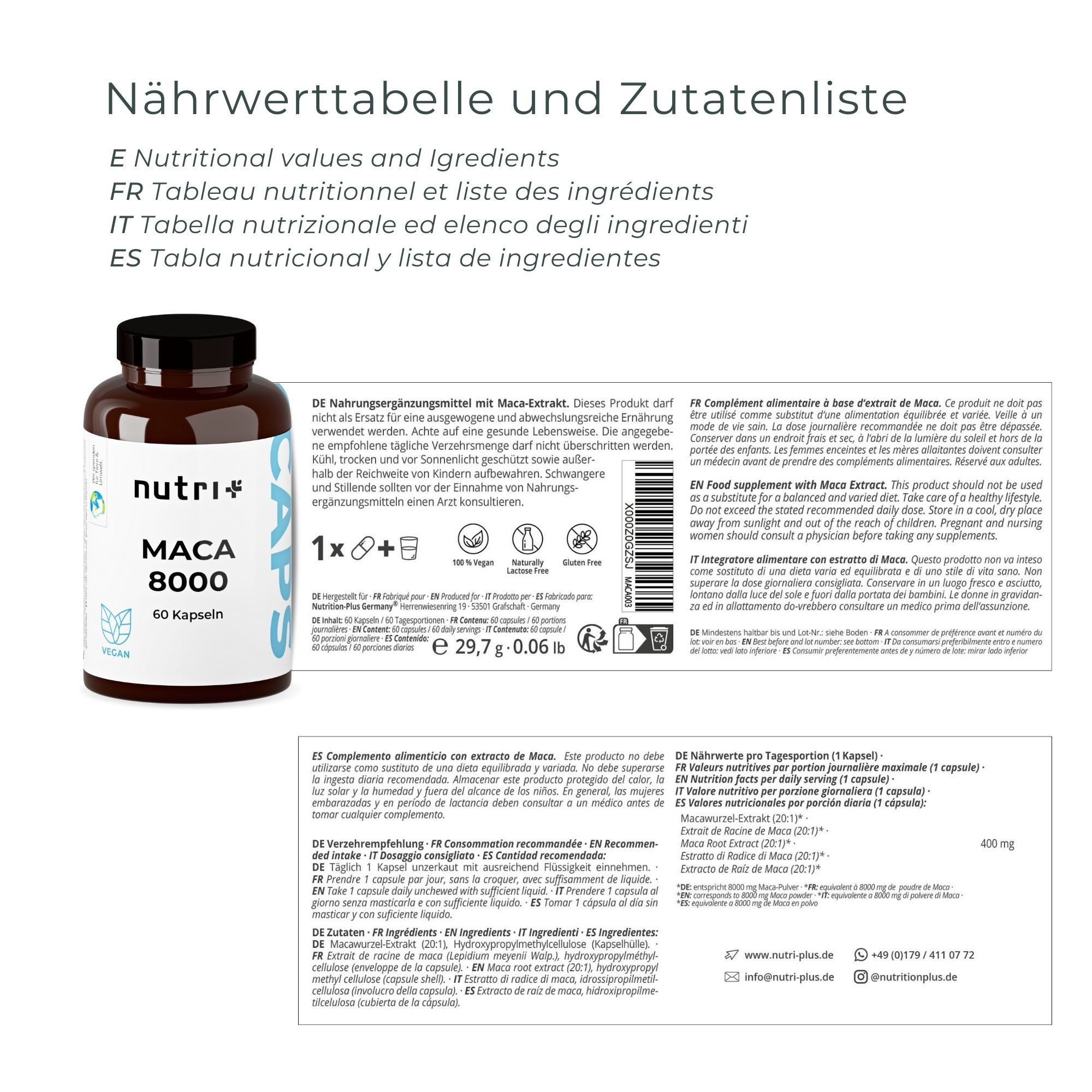 nutri+ Maca Kapseln schwarz rot gelb - Pulver aus Wurzelextrakt Kapseln