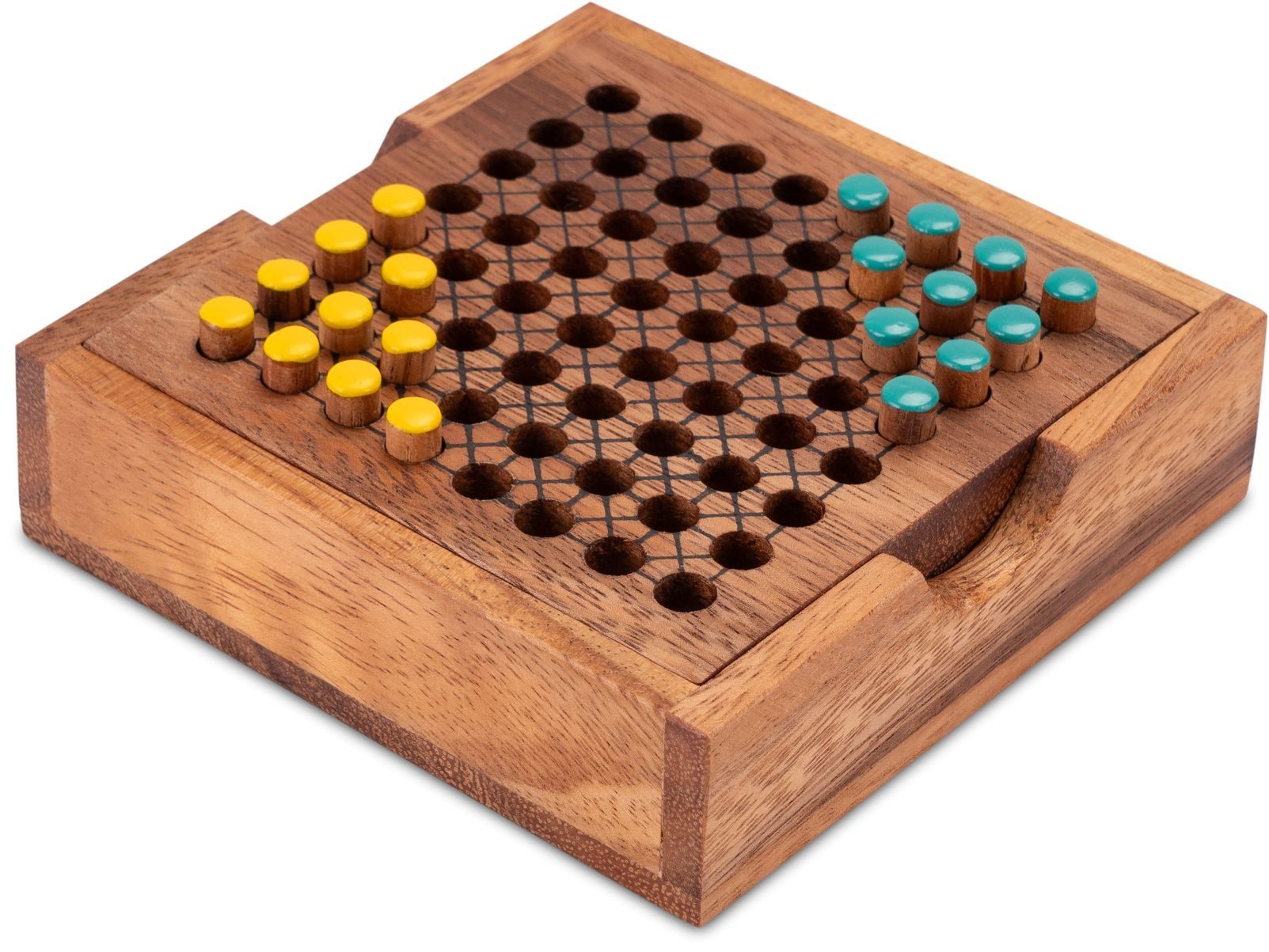 LOGOPLAY Spiel Halma Reisespiel Gelb Grün, Gesellschaftsspiel, Halma Reisespiel klassisches Strategiespiel im Mini-Holzkasten für 2