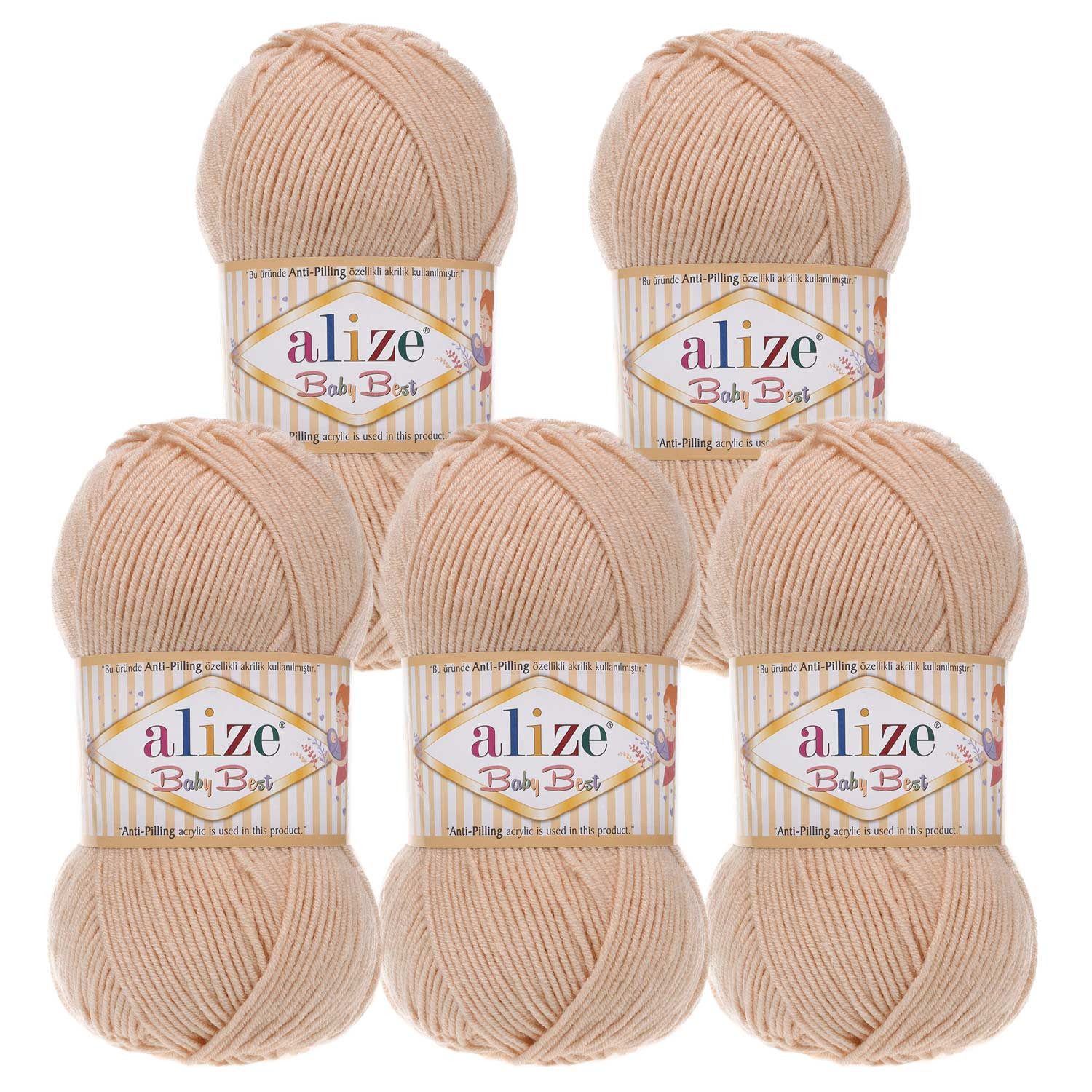 Alize 5 x 100g Strickgarn ALIZE Baby Best uni Babywolle Wolle Antipilling Häkelwolle, 240 m (Sparpaket), 382 powder