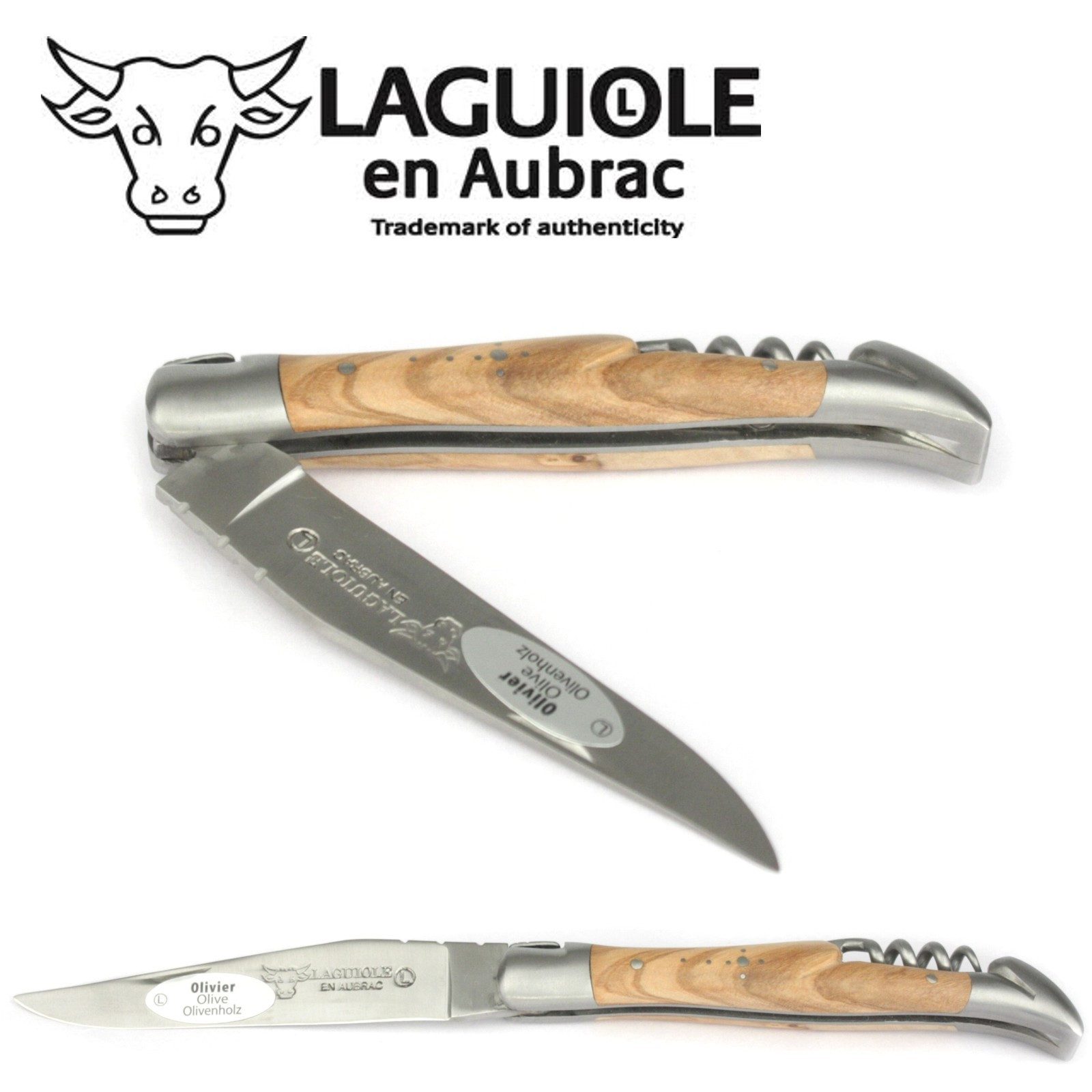 Laguiole en Aubrac Taschenmesser L0311OLIS, Griff 11cm Olivenholz - Korkenzieher - Klinge Backen Stahl satiniert