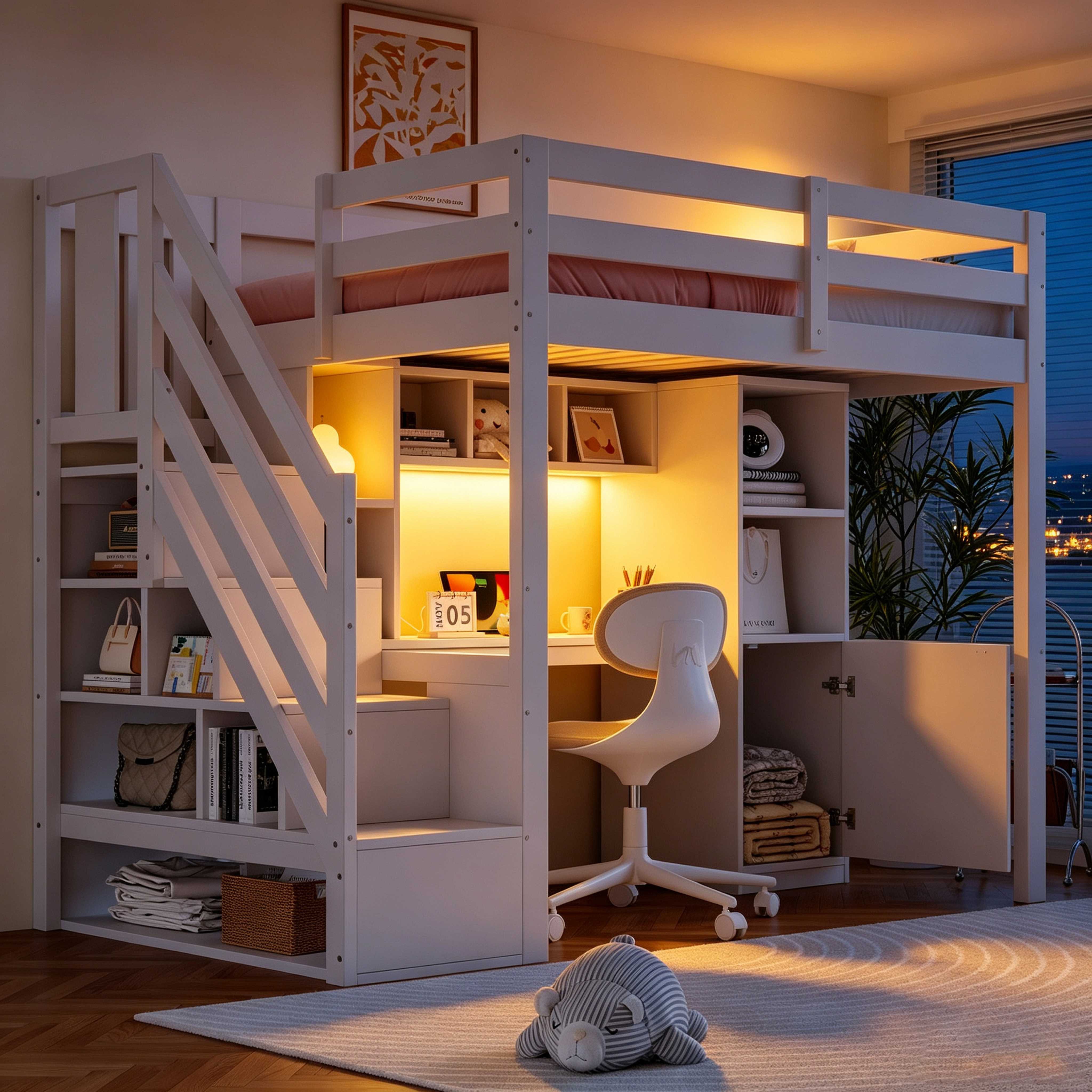 BlingBin Hochbett Holzbett Kinderbett (1-St., mit Stauraum, Schreibtisch, Regalen, LED-Beleuchtung) EU-Standard-Steckdosen sowie hohen Sicherheitsgittern,90 x 200 cm