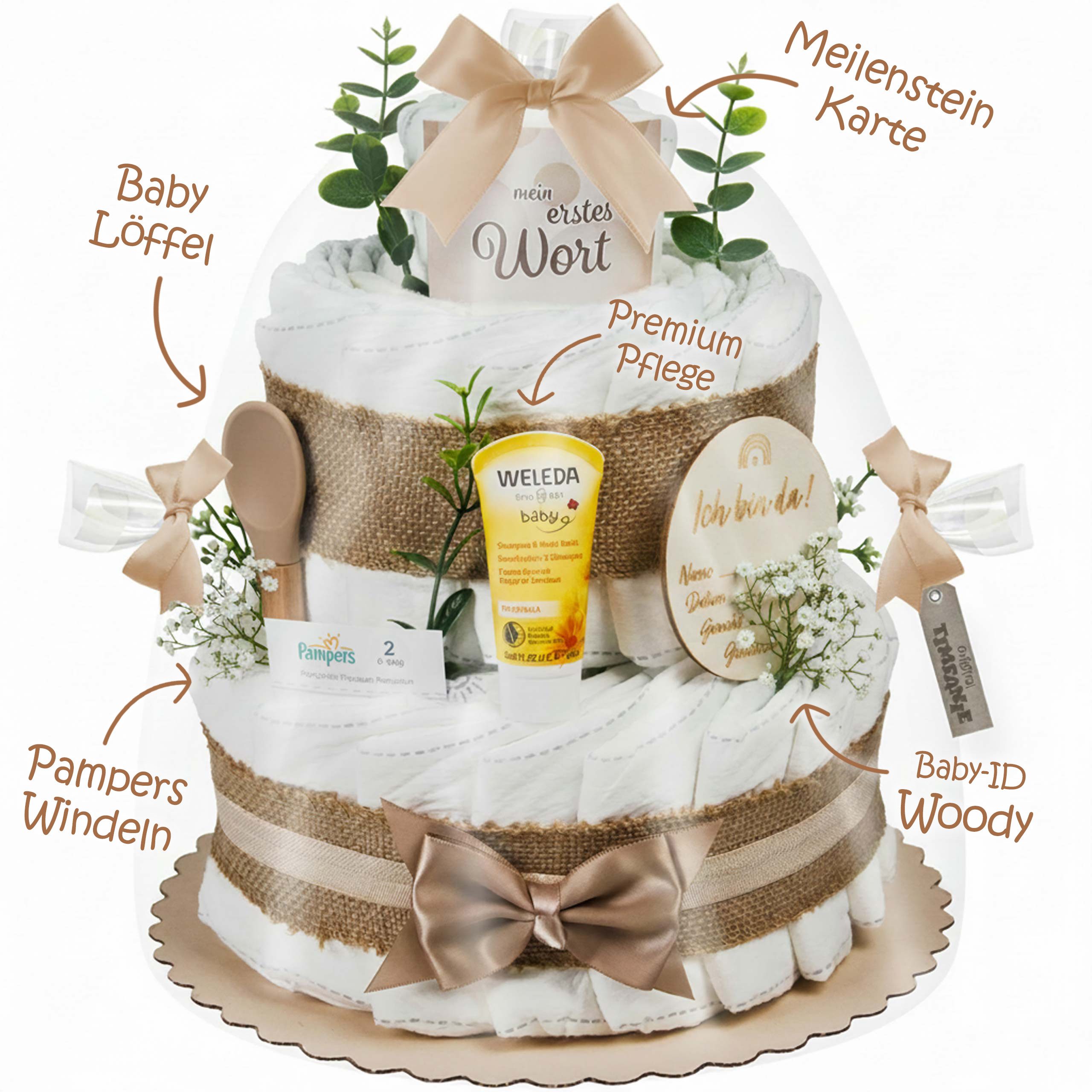 Timfanie Windeln Windeltorte, Boho Baby-Cake, natur, 0-8 Monate (Handgefertigtes Geschenk - In Folie gehüllt, mit Schleifen verziert, 37-St., 20x Pampers Premium, wertige Accessoires), Das Perfekte Geschenk zur Geburt oder Babyparty.
