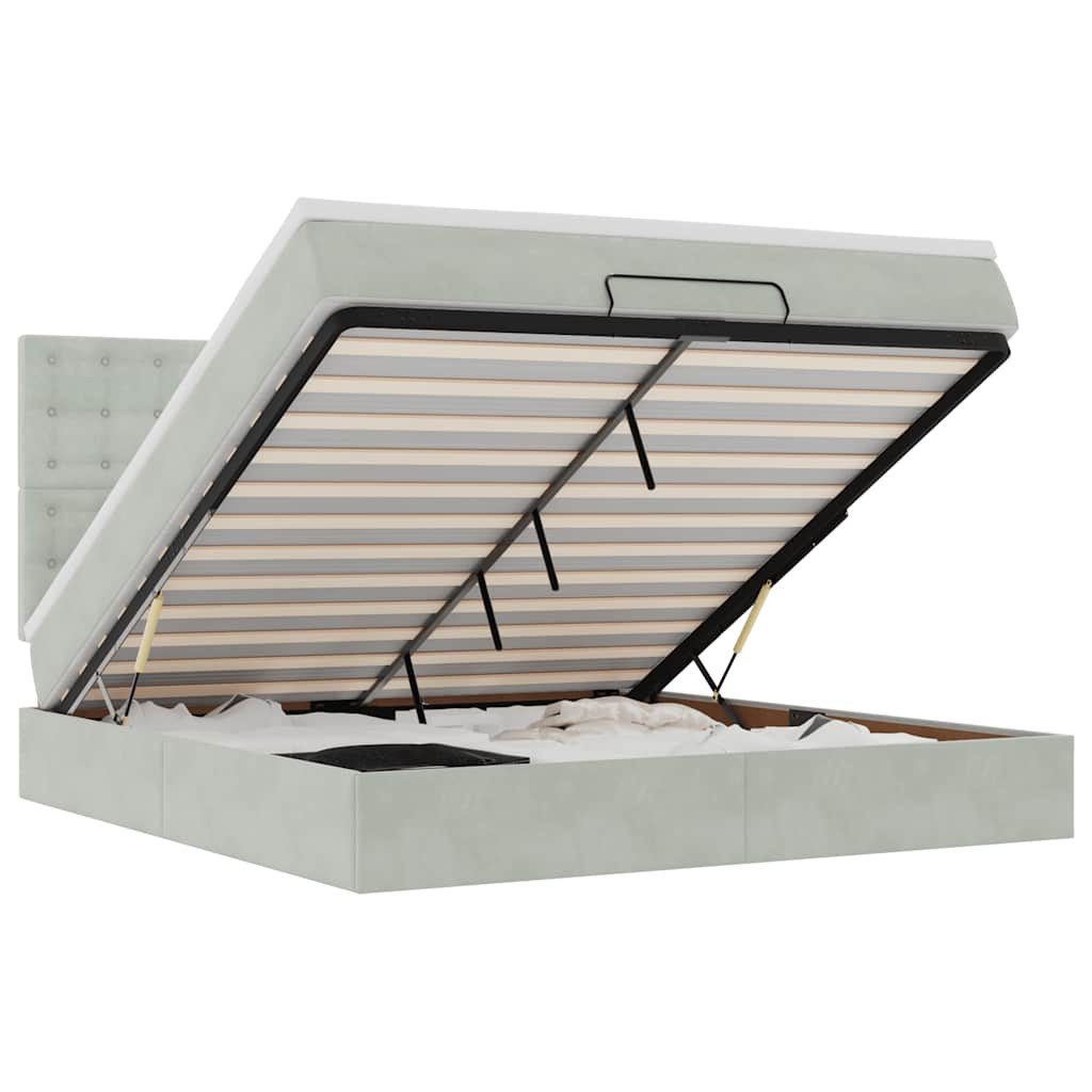 Bett Ottoman-Bett mit Matratzen & LEDs Hellgrau 160x200 cm Samt