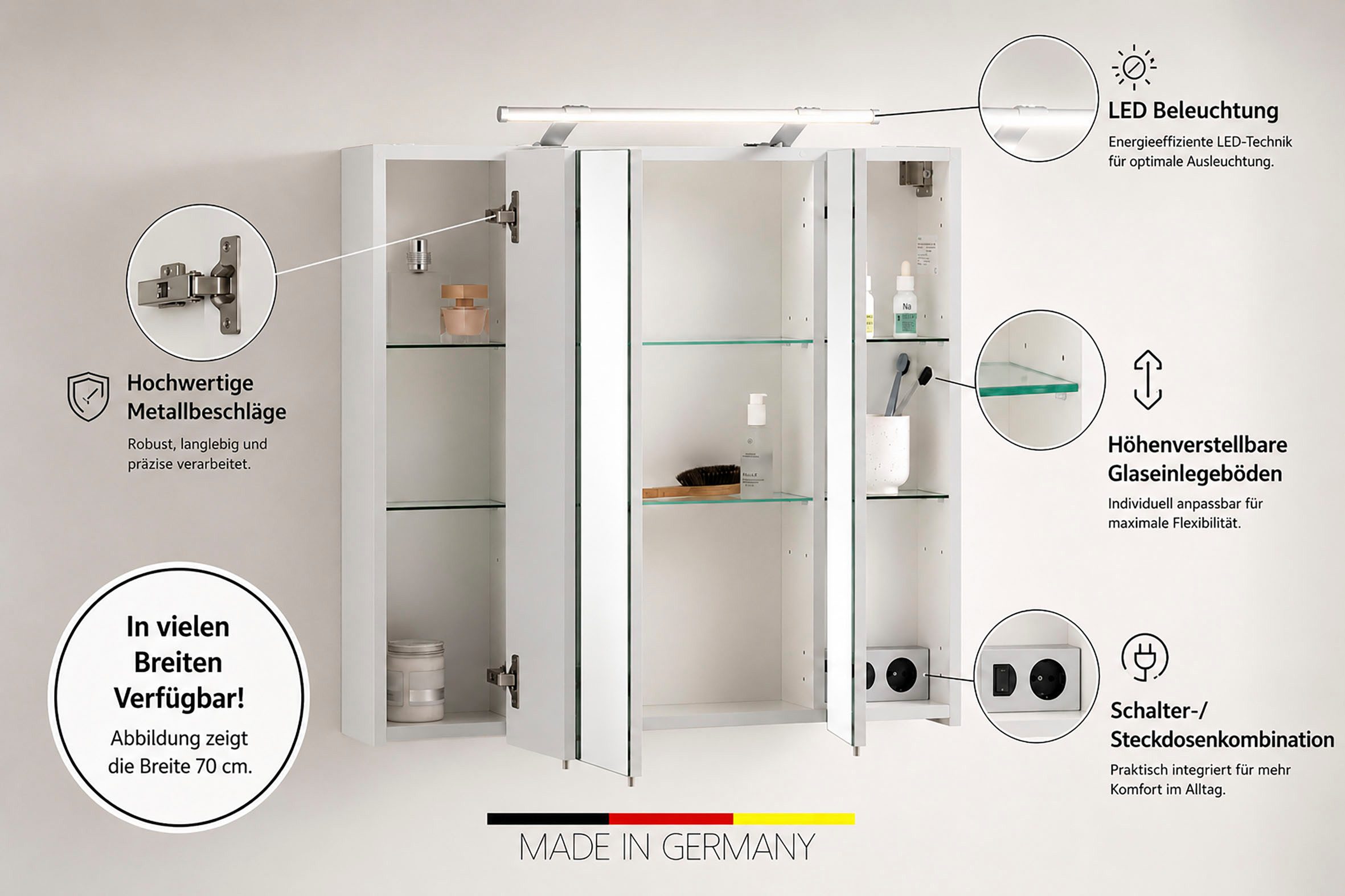 Schildmeyer Spiegelschrank Dorina, Spiegelschrank, Made in Germany, B: 70 cm Solide Verarbeitung - Dieses Produkt ist in Deutschland gefertigt