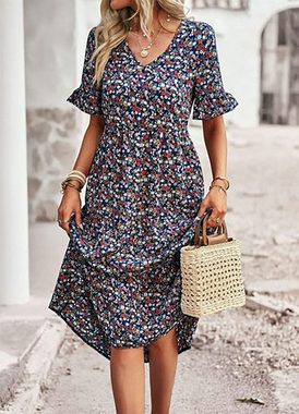 BlauWave Dirndl V-Ausschnitt Temperament elegantes kurzärmeliges Kleid (1-tlg) Bedruckte Frauen A-Linie Floral Ferienkleider