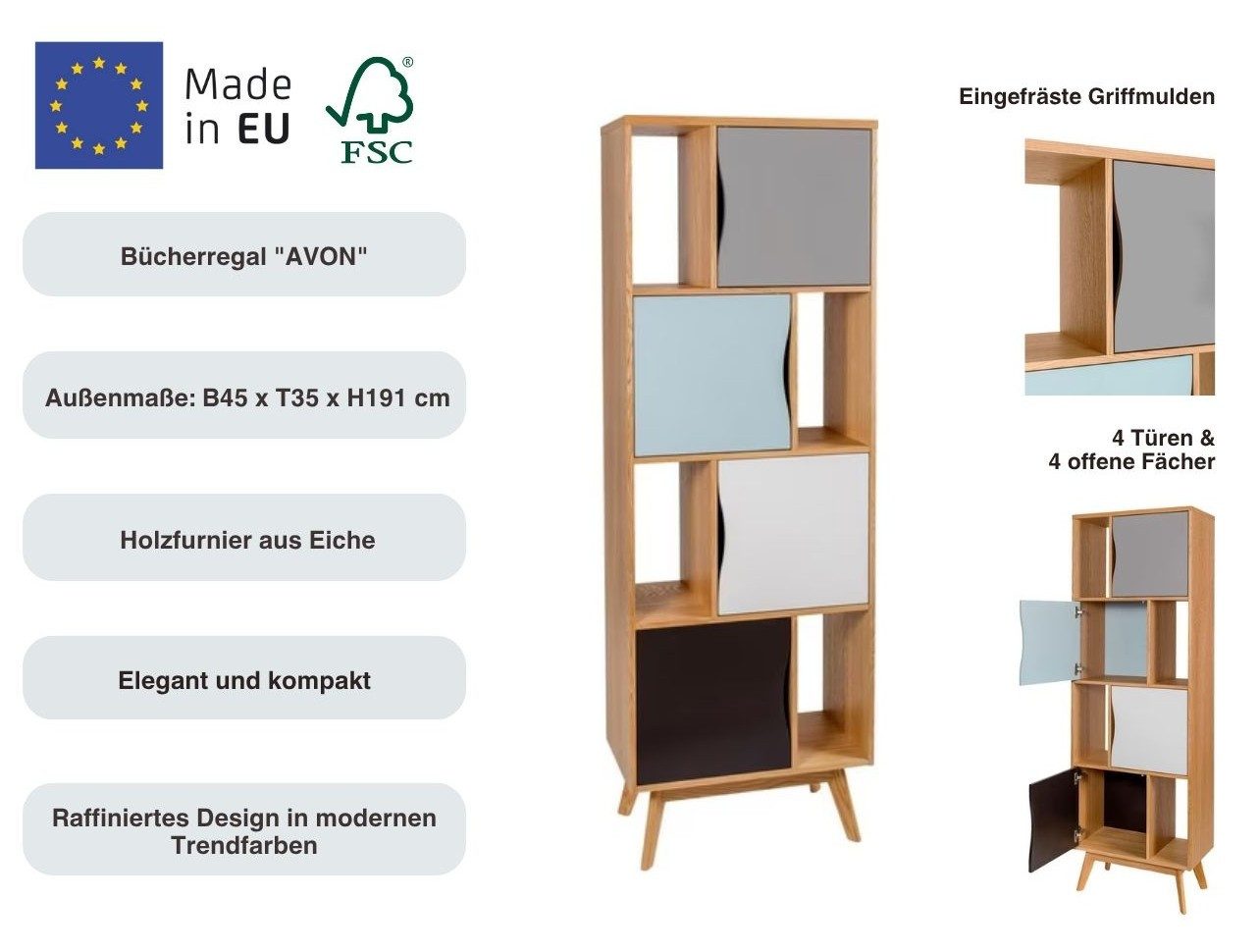Woodman Bücherregal Avon, Höhe 191 cm, Holzfurnier aus Eiche, schlichtes skandinavisches Design