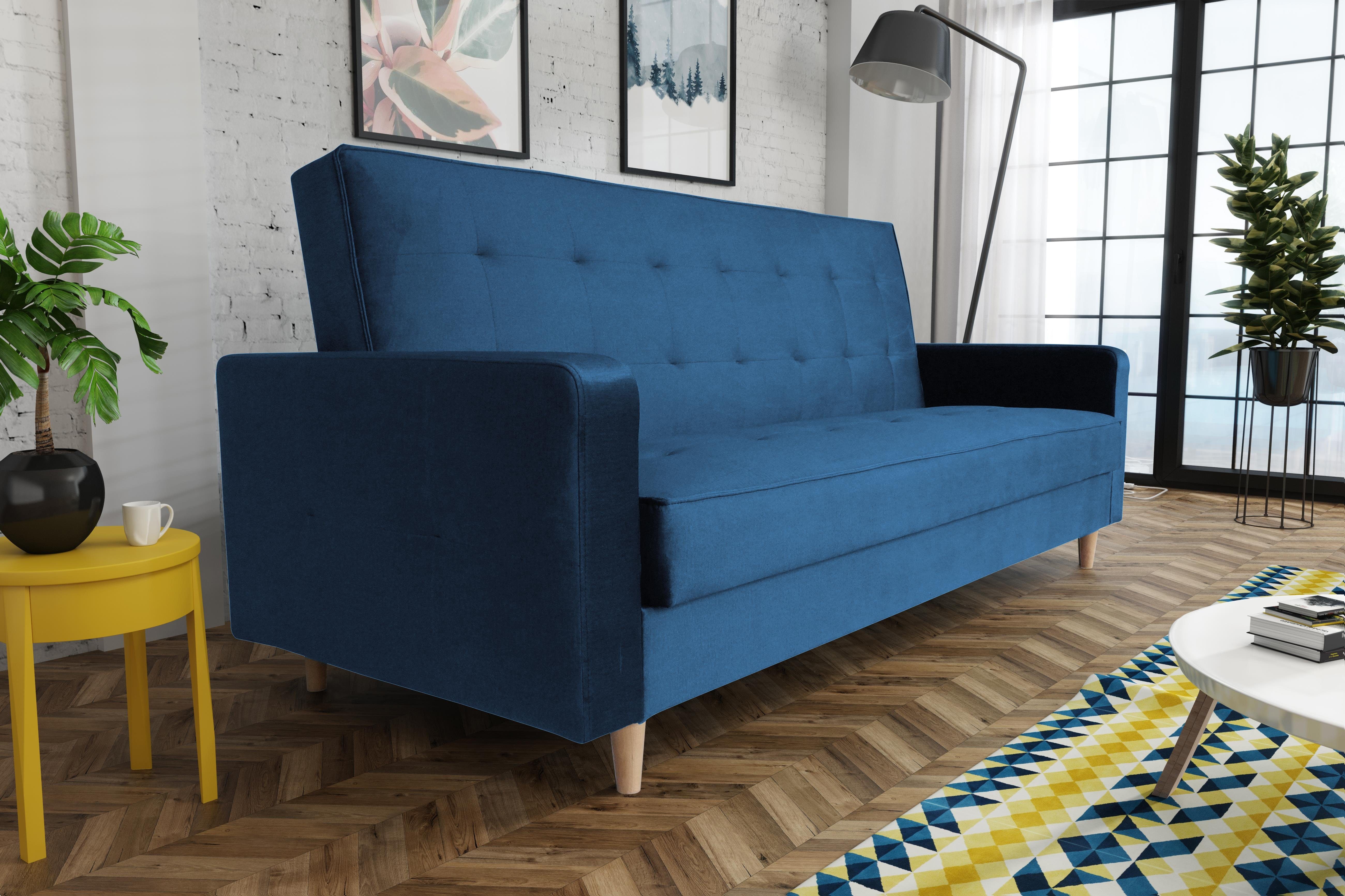 Beautysofa Schlafsofa Bamako, Sofa mit Schlaffunktion und Bettkasten, Polstersofa im skandinavischen Stil, Couch mit Holzbeine Marineblau (kronos 09)