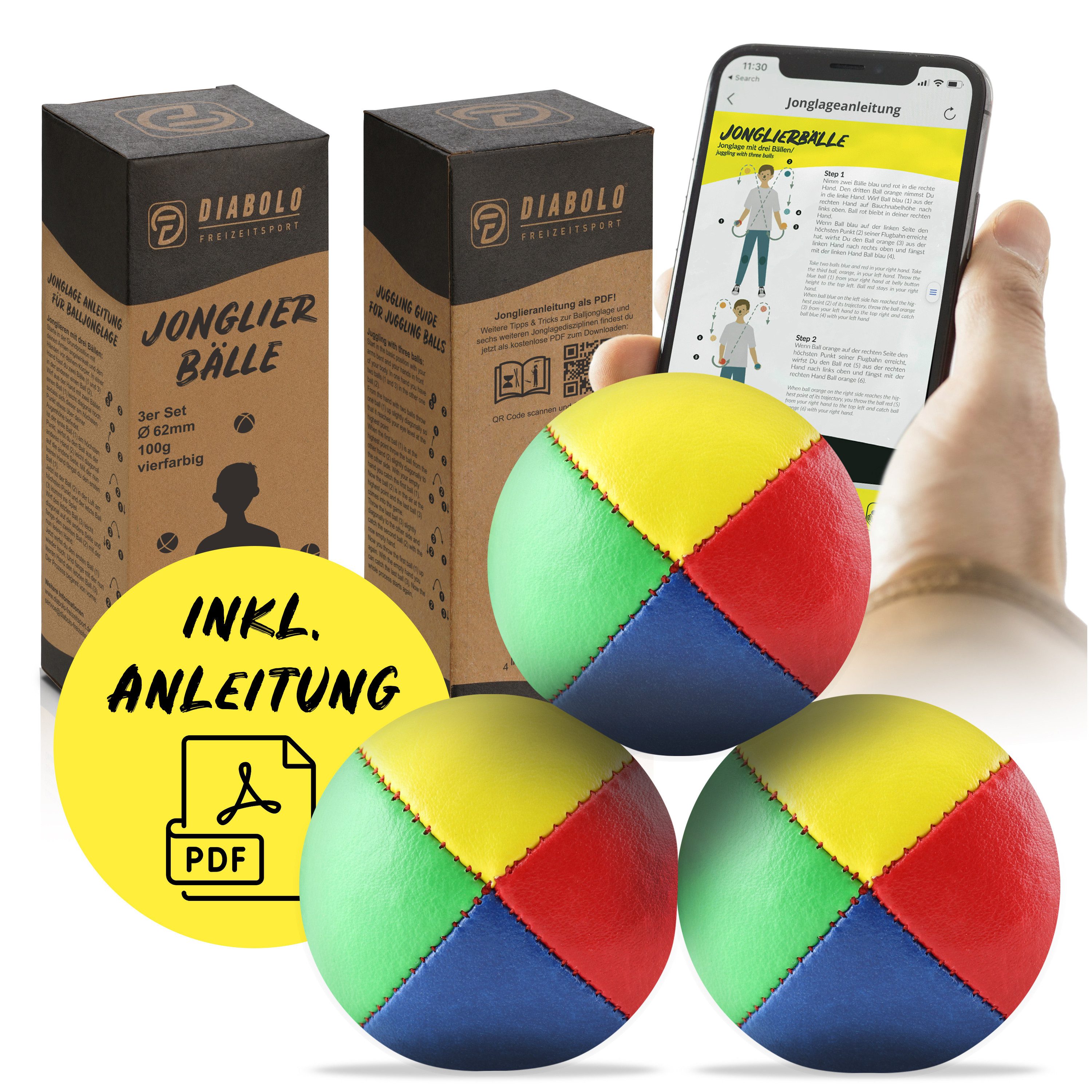 Diabolo Freizeitsport Spielball zum Jonglieren (Jonglierbälle 62mm, 3 Stk. im Set, vierfarbig)