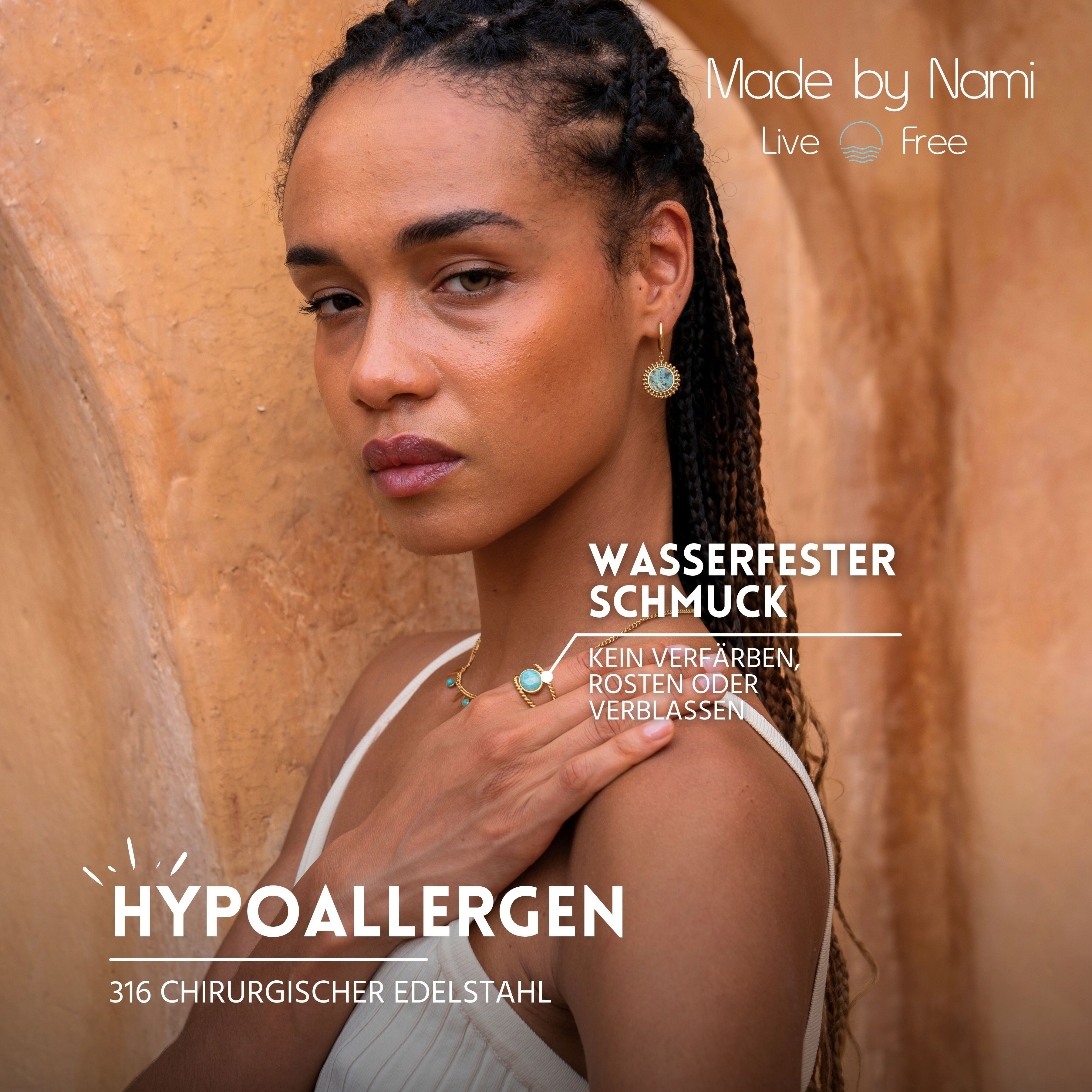 Made by Nami Schmuckset Mehrteilig Damen Gold aus Edelstahl Wasserfest, Halskette + Ohrringe + Ring - Hypoallergen - Wasserfest