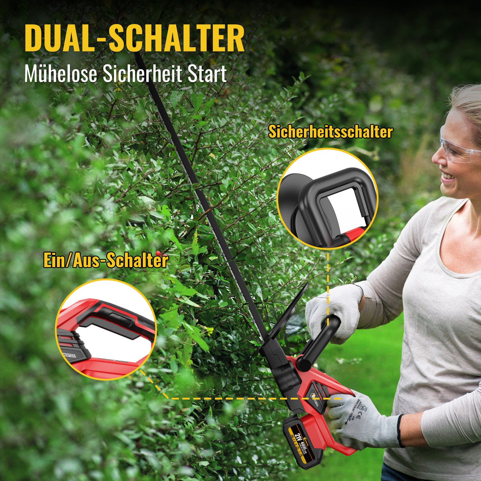 CONENTOOL Akku-Heckenschere LLJ003, 21V Heckenschere Elektro, 56 cm Schwertlänge, Inkl. 2×4,0Ah Akkus und Schnellladegerät