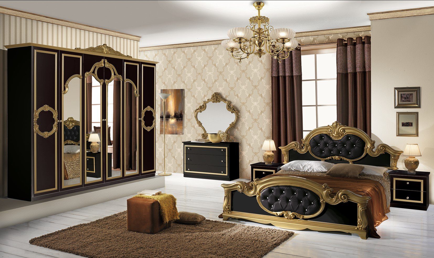 Hochglanz Schwarz/Gold 6-Teilig Stil Interdesign24 Barock Barokko, Schlafzimmer-Set klassischer in