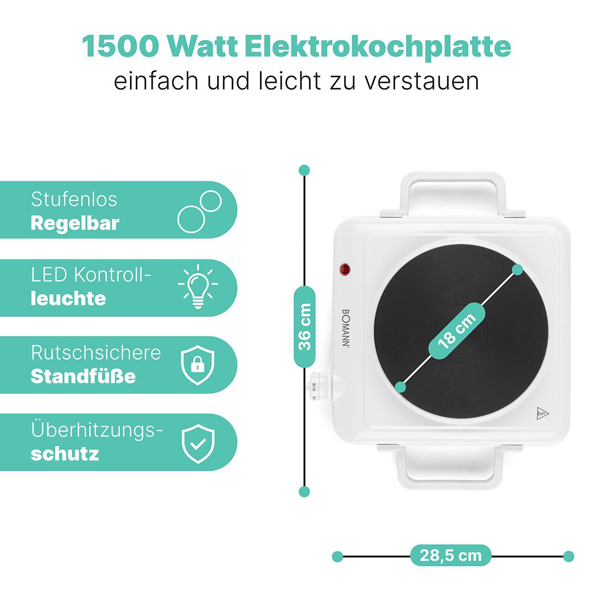BOMANN Einzelkochplatte EKP 5027 CB, stufenlos regelbares Thermostat, 1500 W