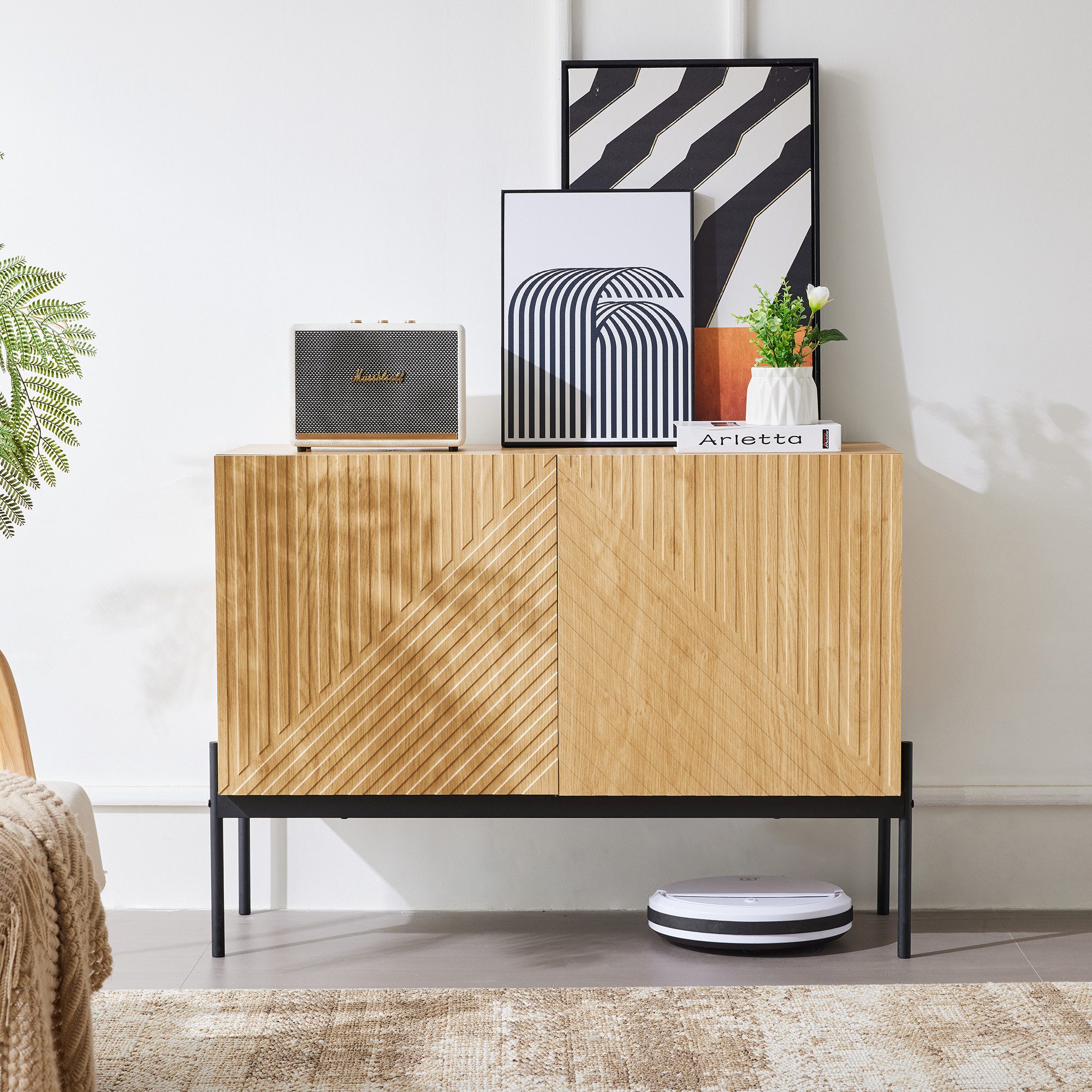 IDEASY Sideboard 100cm, 2 Türen, Metallbeine, Linien-Design (für Wohnzimmer, H75xB100xT40cm), Modernes Buffet mit Stauraum, Kommode