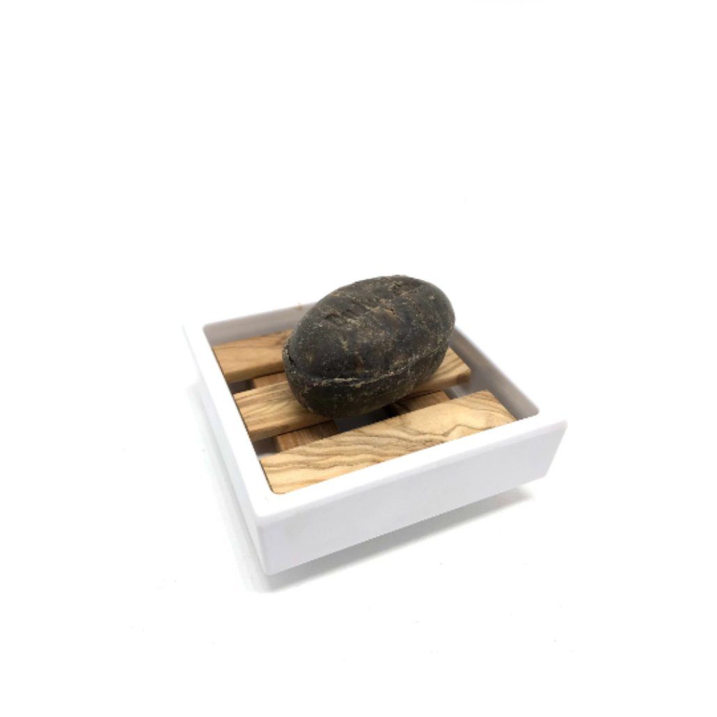 Olivenholz-erleben Seifenablage klein, quadratisch aus weißem Melamin, mit Einleger aus Olivenholz, Breite: 7,5 cm, 1-St., Natürlich schön – ein Blickfang mit mediterranem Charakter