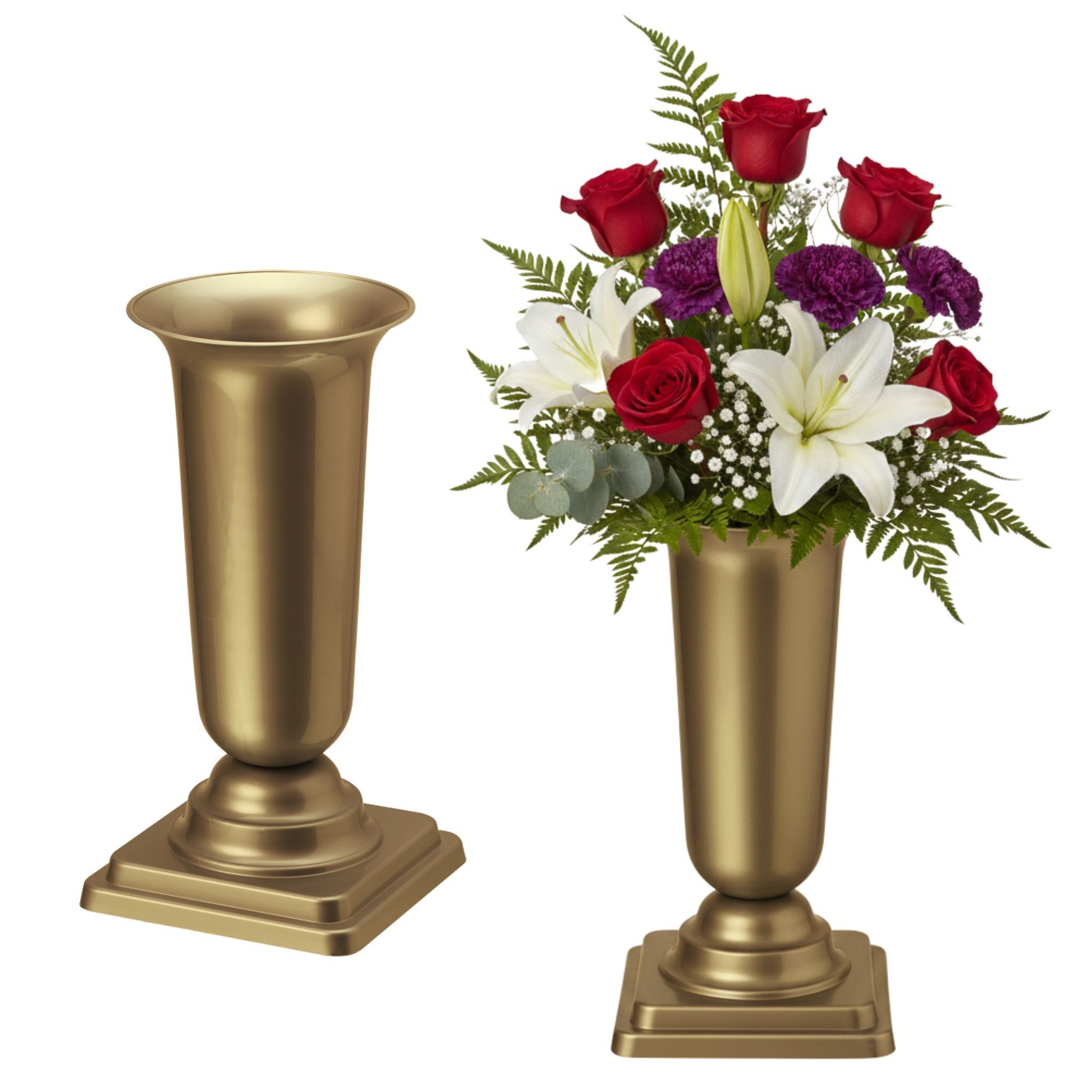 matches21 HOME & HOBBY Dekovase Grabvasen mit Sockel zum Hinstellen 2er Set 31 cm, gold (2 St), Wetterfeste Grabschmuck Kunststoff Friedhofsvasen