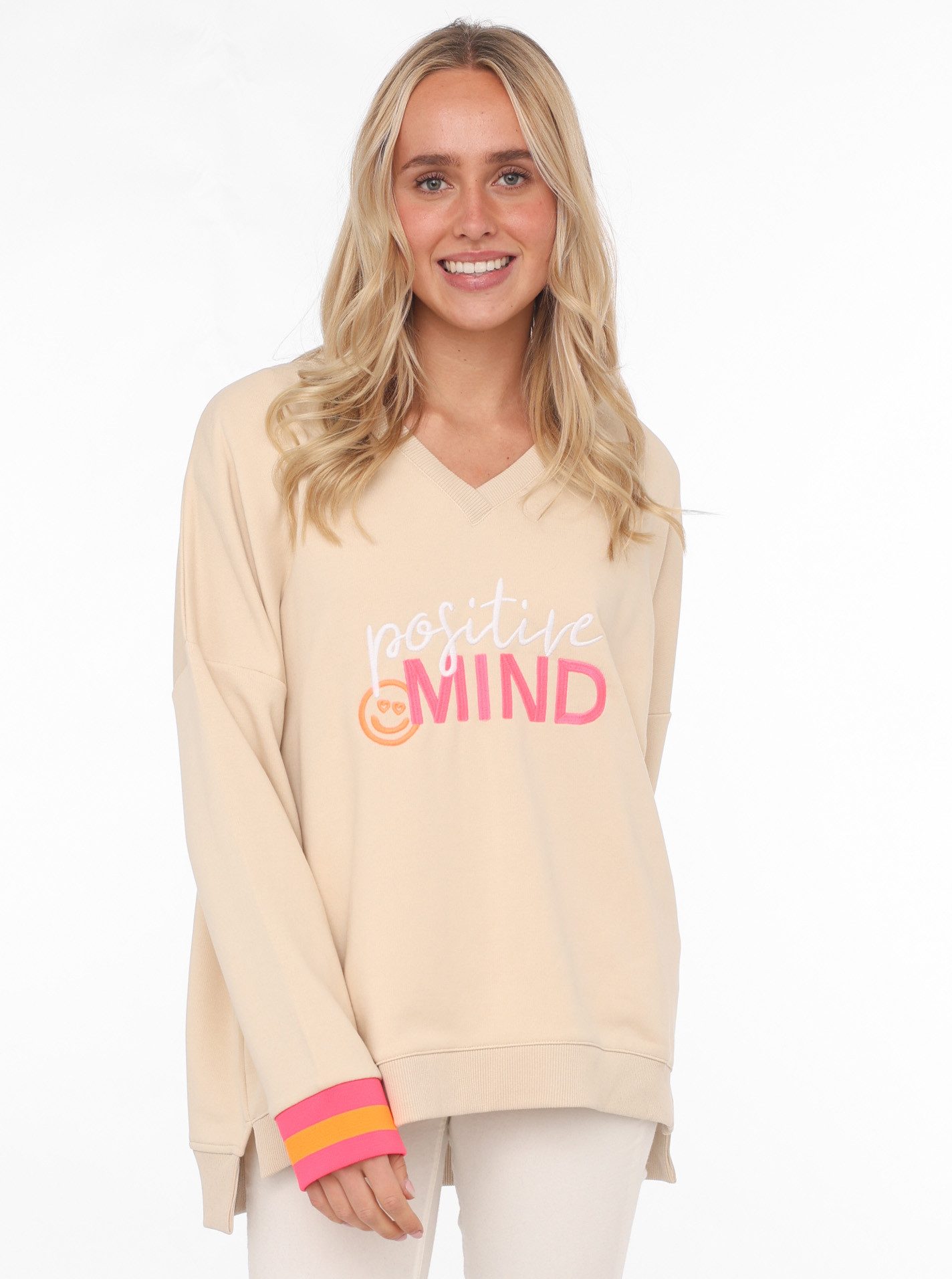 Zwillingsherz Sweatshirt mit V-Ausschnitt, "Positive Mind"-Aufstick günstig online kaufen