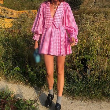 AFAZ New Trading UG Sommerrock Rosa kariertes Damenkleid mit Schmetterlingskragen und langen Ärmeln Eleganter und modischer Rock in A-Linie