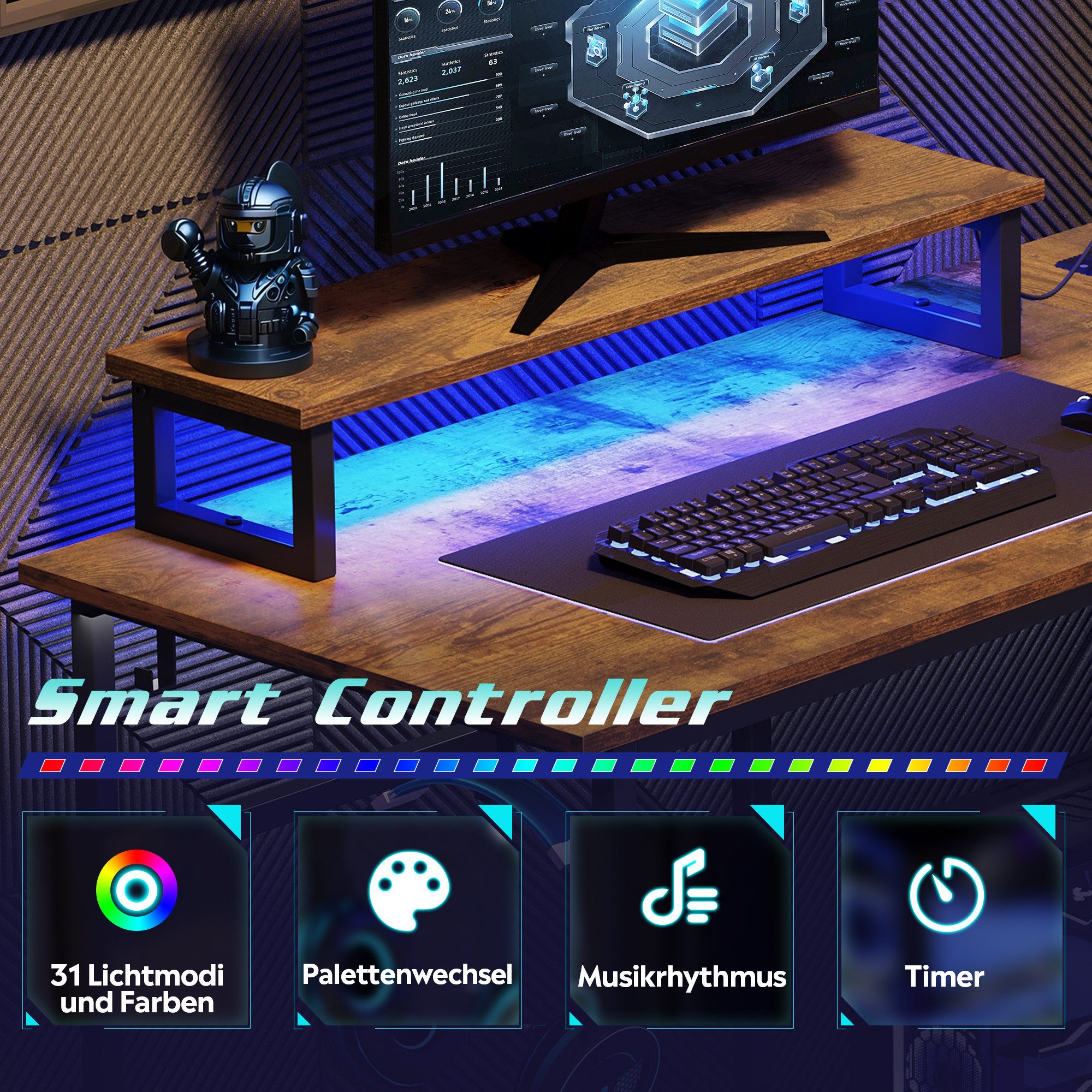 DEVAISE Computertisch Gamingtisch 111/120/140 x 80 cm Computertisch, L-förmiger Schreibtisch (Packung, Tablett mit Ständer), Computertisch mit LED, 2 USB und 2 AC-Steckdosen, für Büro