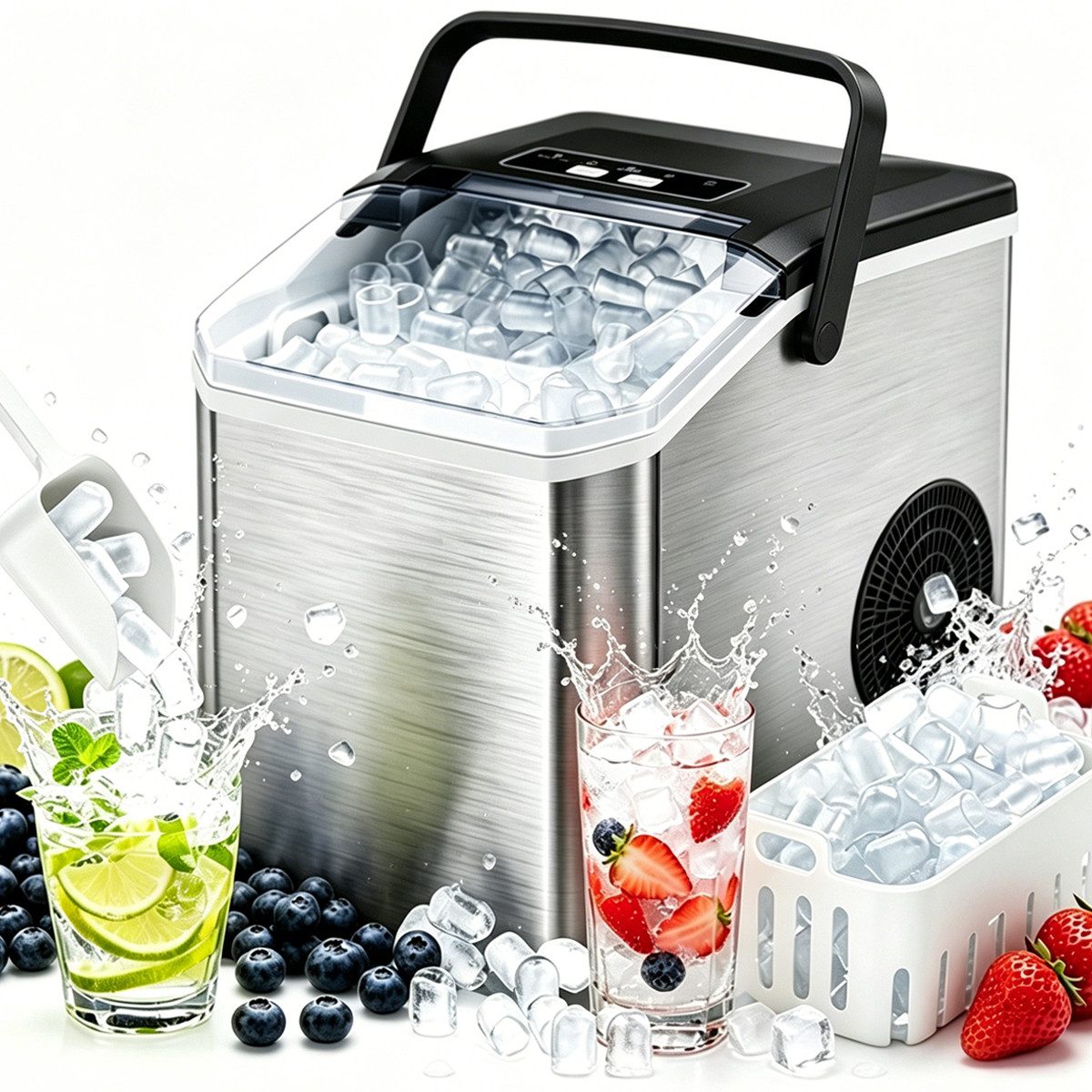 Pdgrid Eiswürfelmaschine 1.3L Edelstahl ice maker Eiswürfel in 6 Minuten geräuscharm, mit Selbstreinigung ,2 Größen/15 kg/24 H,LED-Anzeige,für Küche,Büro